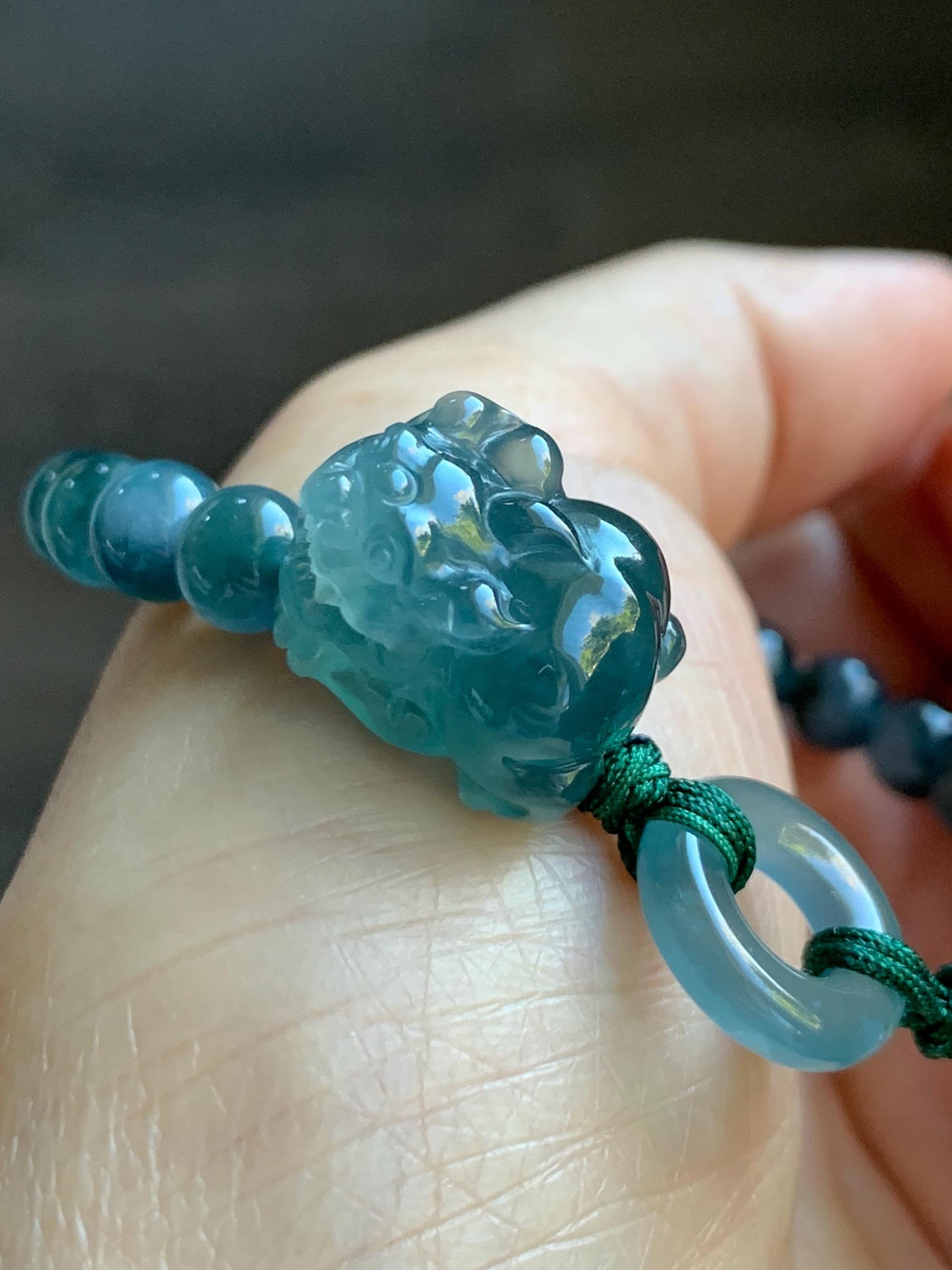 Natural Grade A Guatemalan Icy Translucent Gelatinous Dark Teal Blue Jade Jadeite Carved Pixiu Beaded Bracelet 7” 19g 天然冰胶危深蓝翡翠貔貅圆珠手串 HZP450