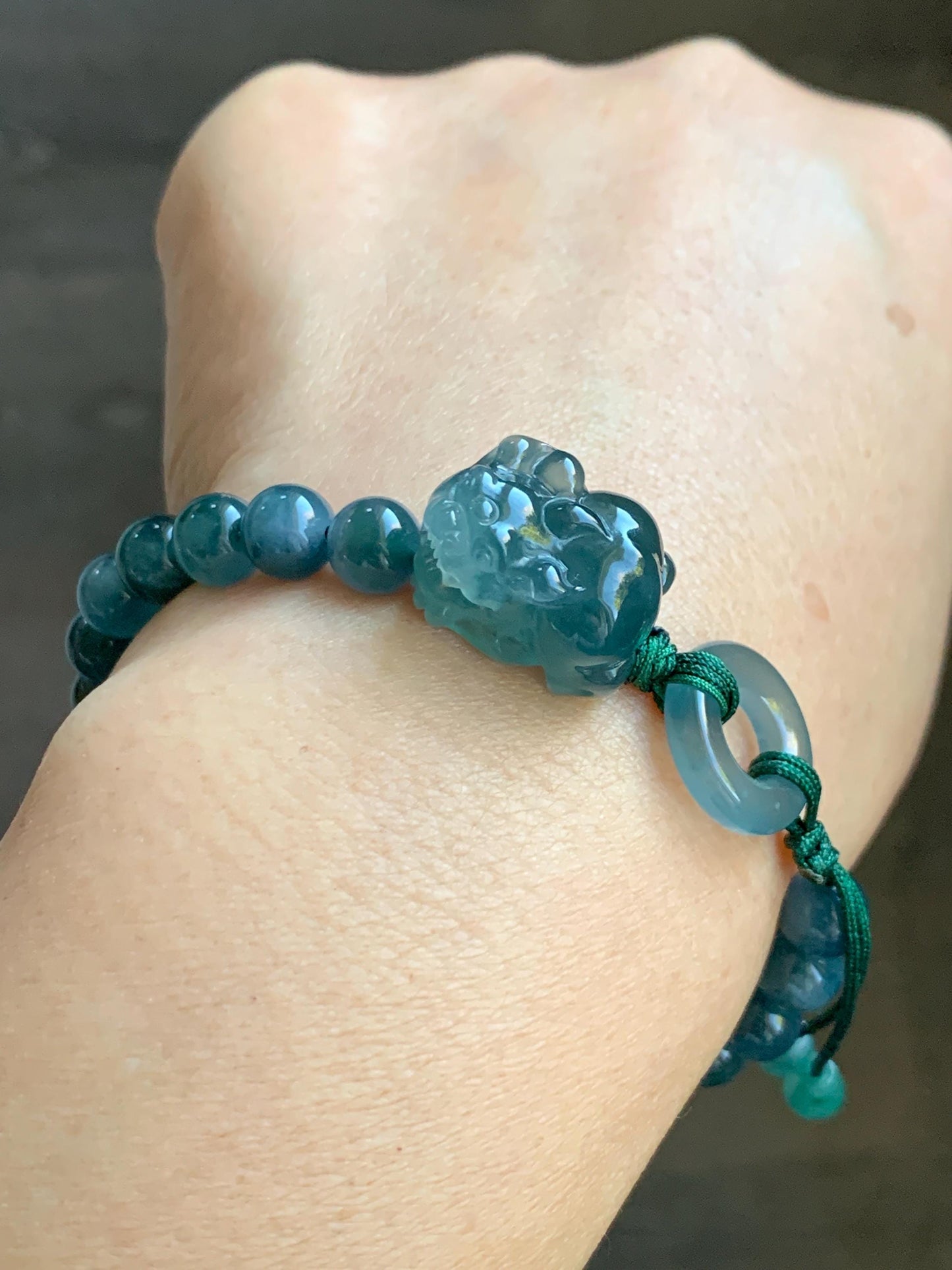 Natural Grade A Guatemalan Icy Translucent Gelatinous Dark Teal Blue Jade Jadeite Carved Pixiu Beaded Bracelet 7” 19g 天然冰胶危深蓝翡翠貔貅圆珠手串 HZP450