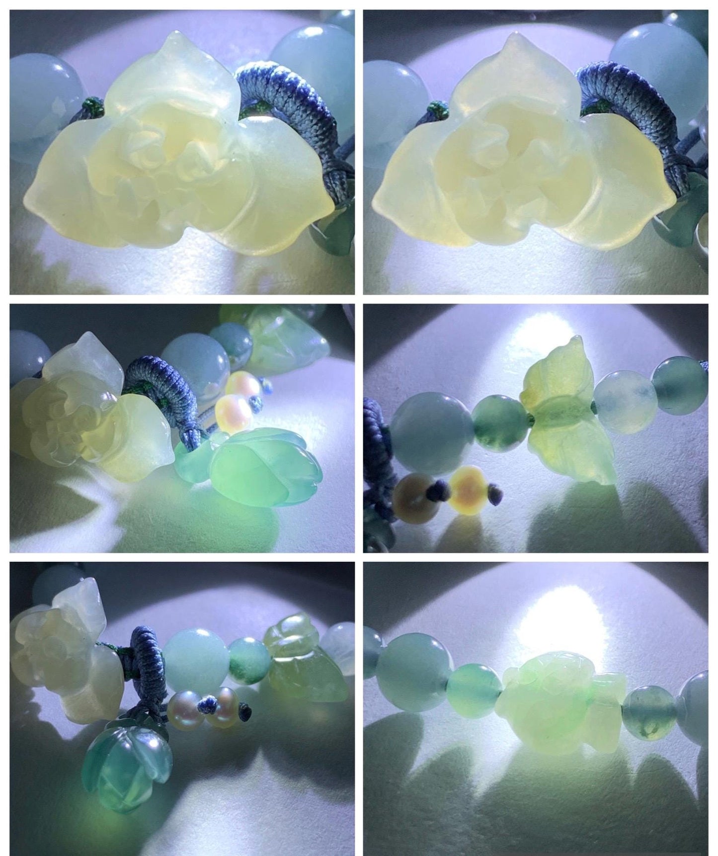 Natural Grade A Icy Translucent Multicolored Pastel Jade Jadeite Carved Cuff & Charms Beaded Rope Bracelet 6” 12g 天然冰胶马卡龙色翡翠繁花似锦半镯手串 FHZ256