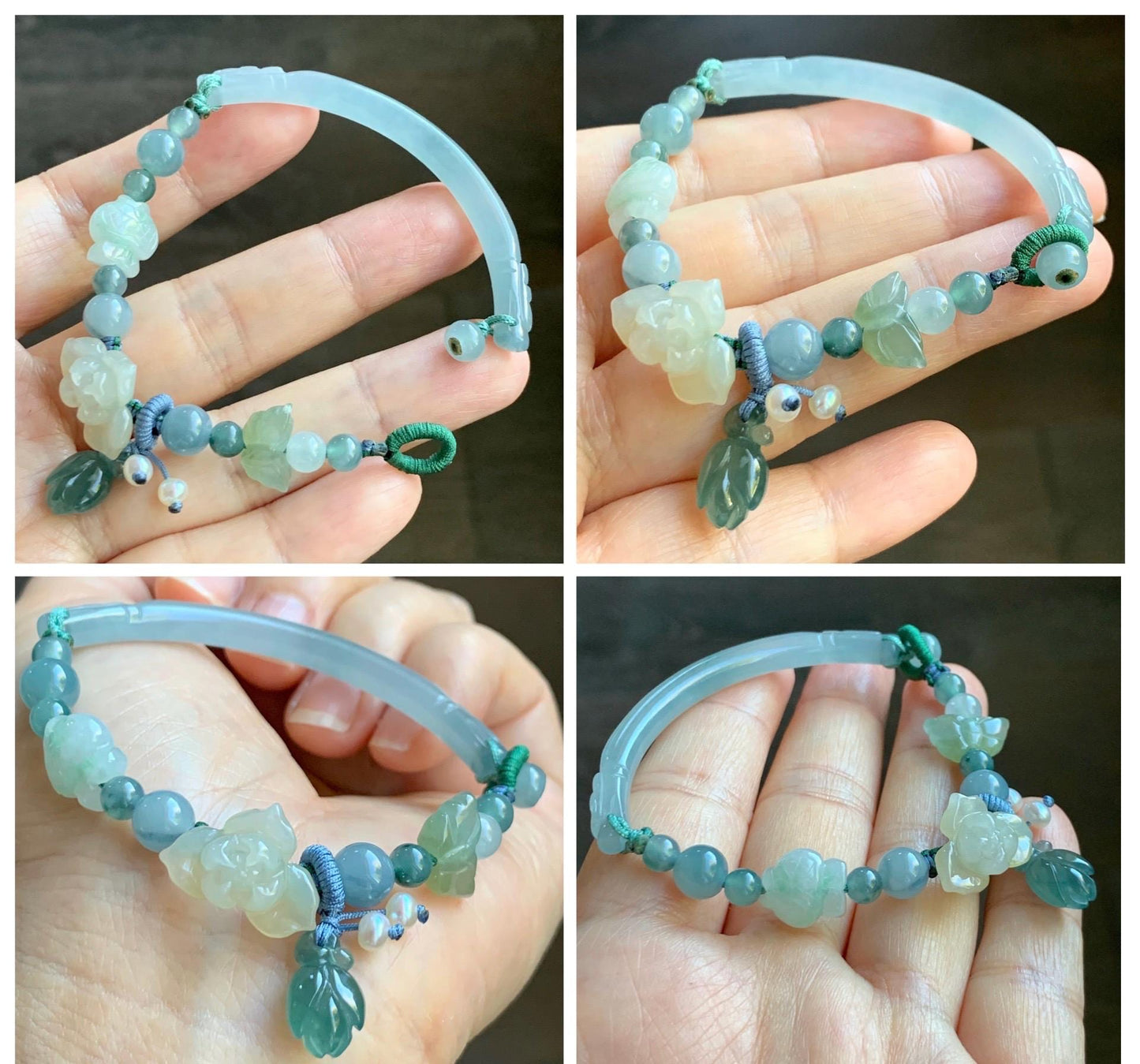 Natural Grade A Icy Translucent Multicolored Pastel Jade Jadeite Carved Cuff & Charms Beaded Rope Bracelet 6” 12g 天然冰胶马卡龙色翡翠繁花似锦半镯手串 FHZ256