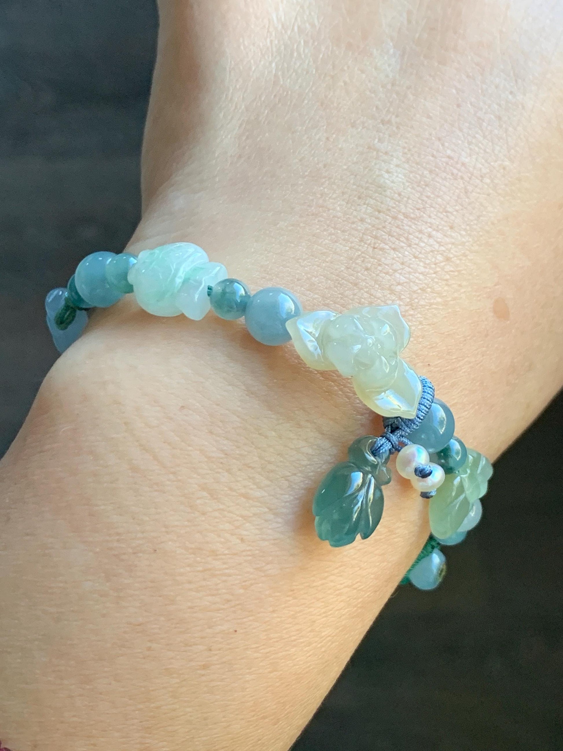 Natural Grade A Icy Translucent Multicolored Pastel Jade Jadeite Carved Cuff & Charms Beaded Rope Bracelet 6” 12g 天然冰胶马卡龙色翡翠繁花似锦半镯手串 FHZ256
