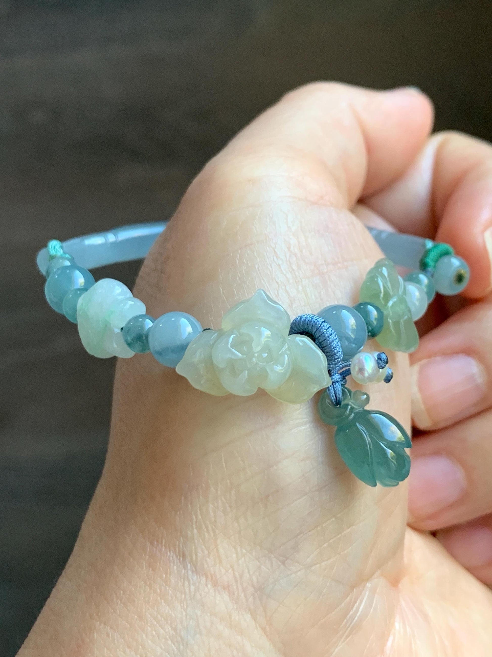 Natural Grade A Icy Translucent Multicolored Pastel Jade Jadeite Carved Cuff & Charms Beaded Rope Bracelet 6” 12g 天然冰胶马卡龙色翡翠繁花似锦半镯手串 FHZ256