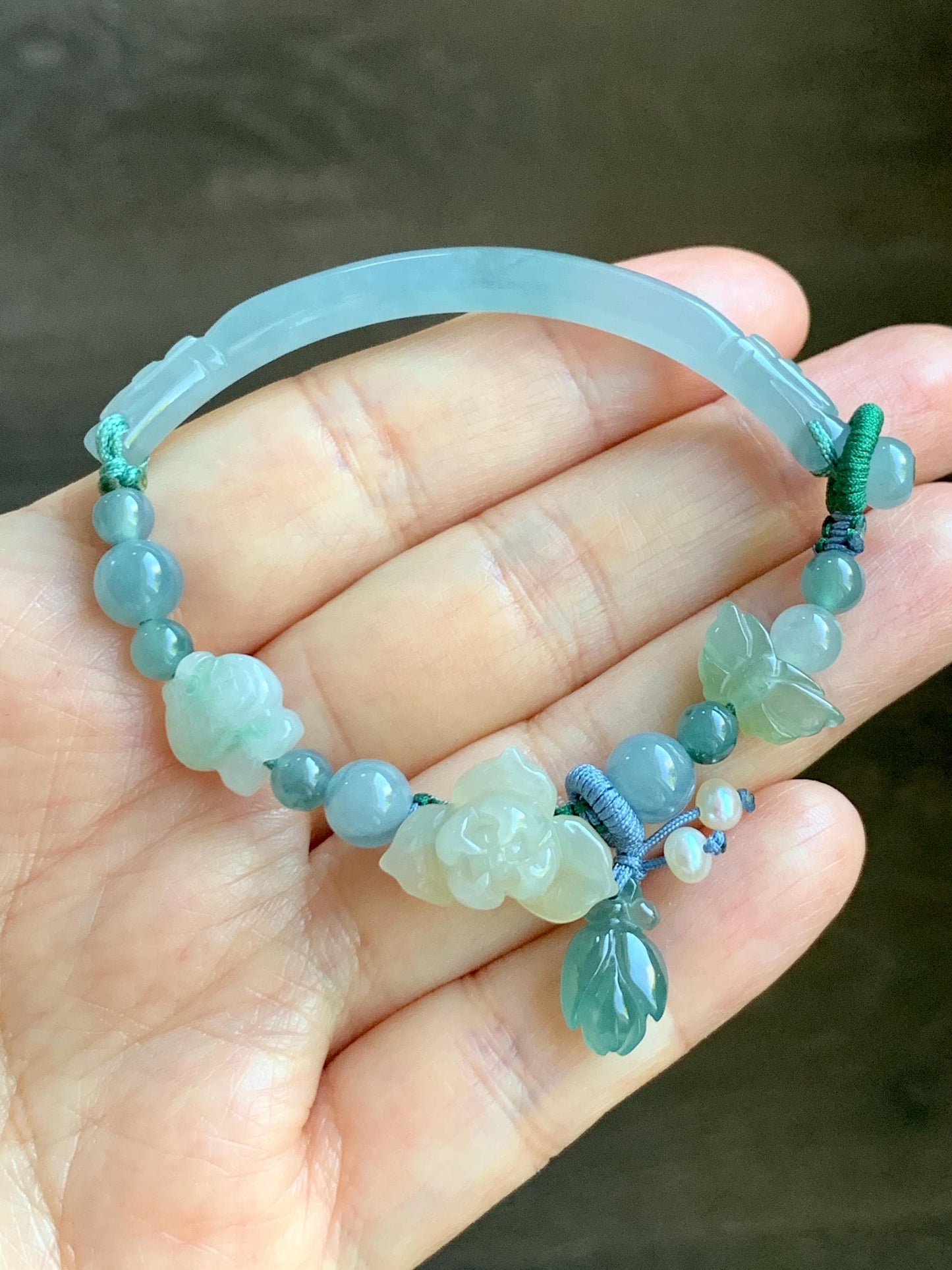 Natural Grade A Icy Translucent Multicolored Pastel Jade Jadeite Carved Cuff & Charms Beaded Rope Bracelet 6” 12g 天然冰胶马卡龙色翡翠繁花似锦半镯手串 FHZ256