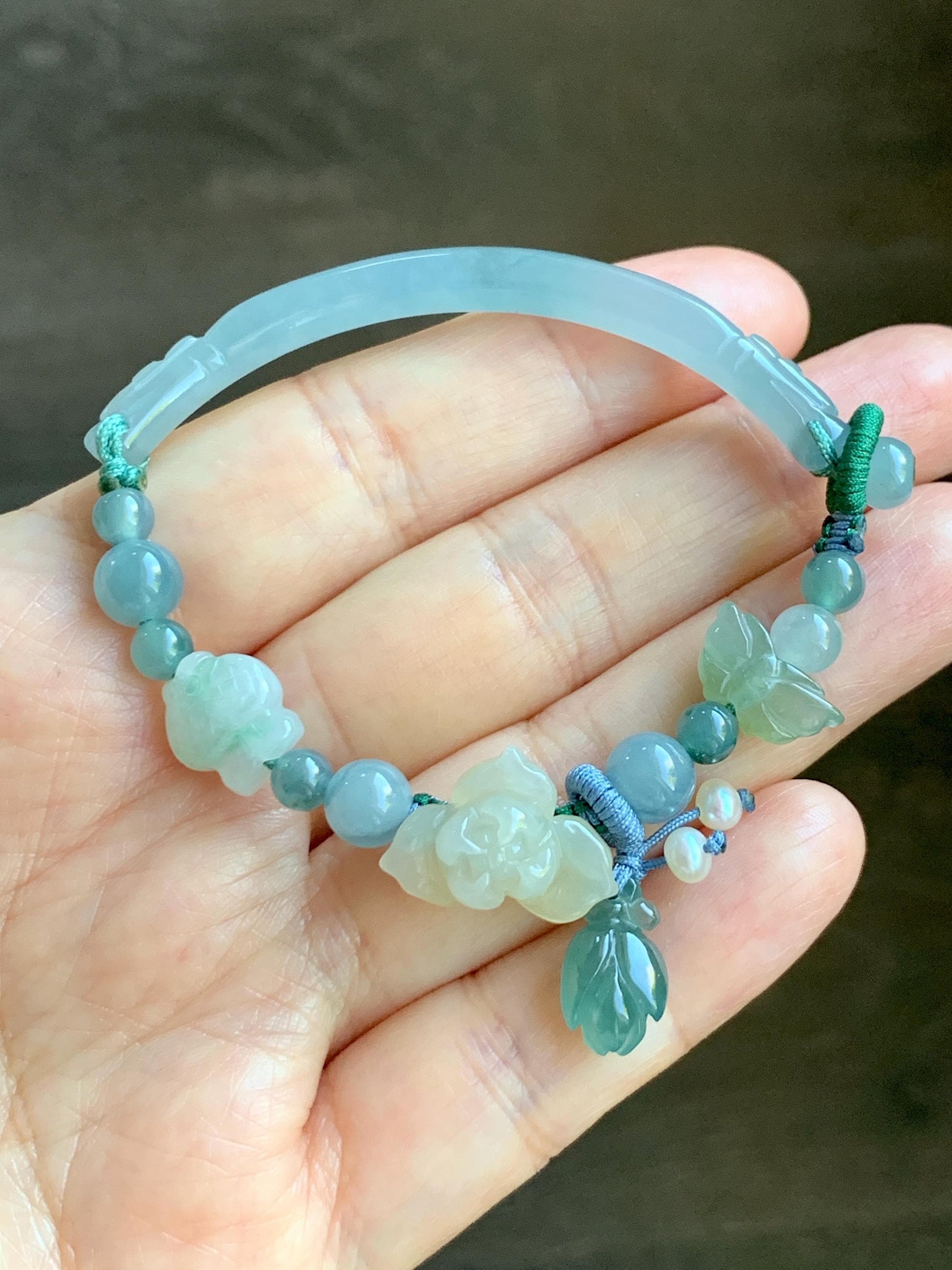 Natural Grade A Icy Translucent Multicolored Pastel Jade Jadeite Carved Cuff & Charms Beaded Rope Bracelet 6” 12g 天然冰胶马卡龙色翡翠繁花似锦半镯手串 FHZ256
