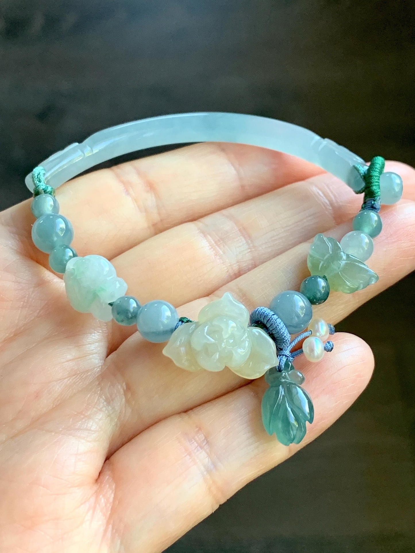 Natural Grade A Icy Translucent Multicolored Pastel Jade Jadeite Carved Cuff & Charms Beaded Rope Bracelet 6” 12g 天然冰胶马卡龙色翡翠繁花似锦半镯手串 FHZ256