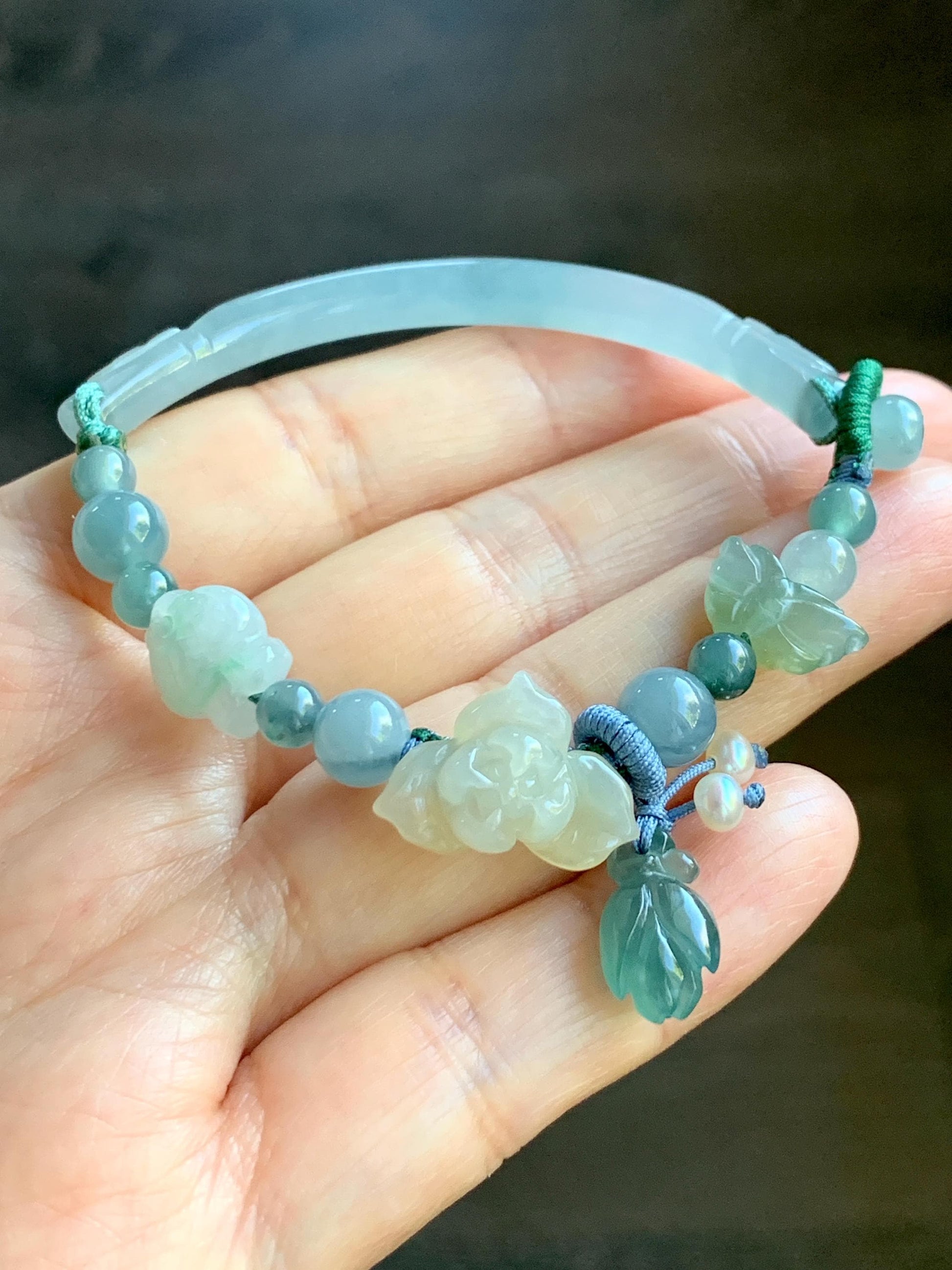 Natural Grade A Icy Translucent Multicolored Pastel Jade Jadeite Carved Cuff & Charms Beaded Rope Bracelet 6” 12g 天然冰胶马卡龙色翡翠繁花似锦半镯手串 FHZ256