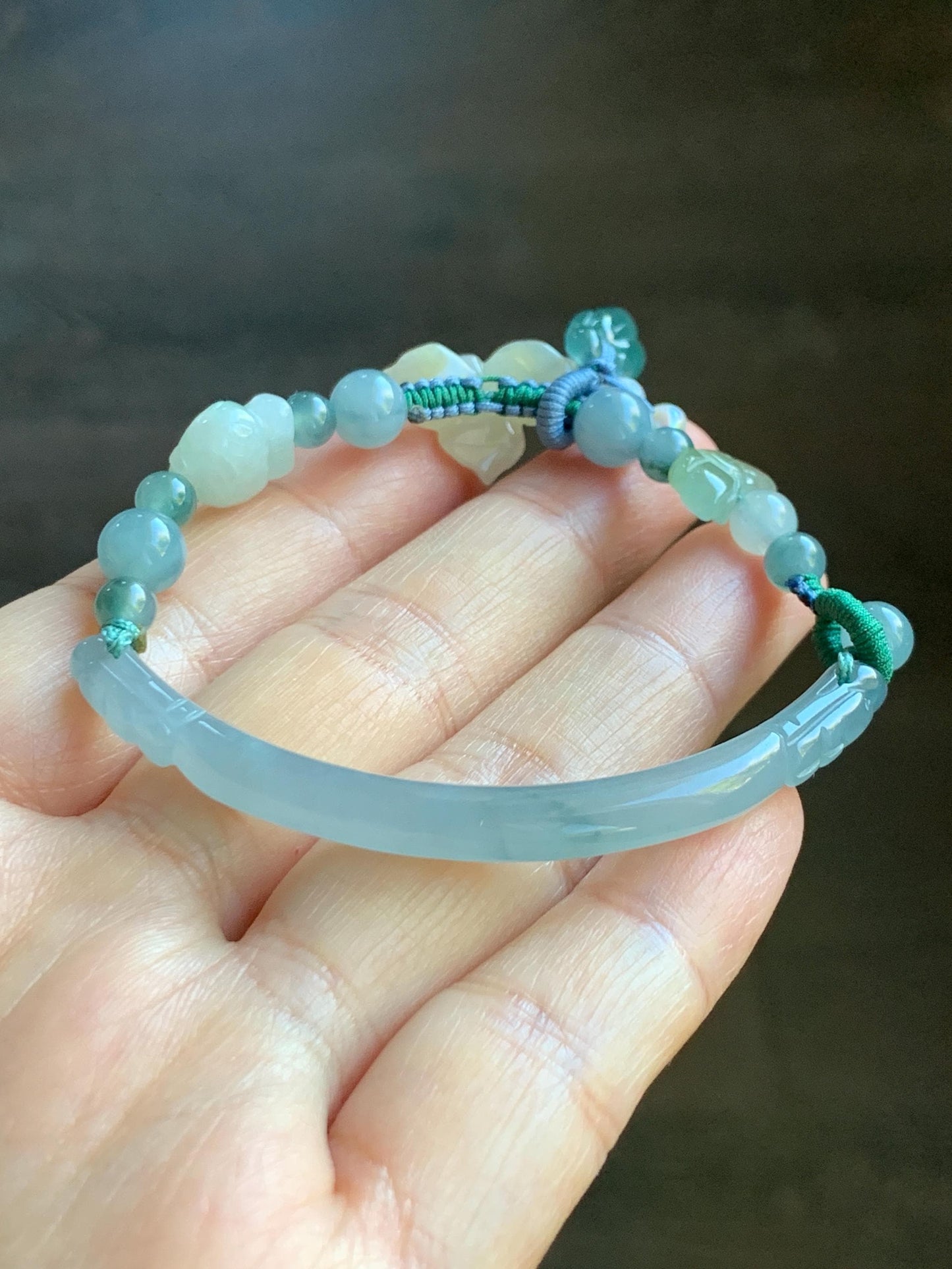 Natural Grade A Icy Translucent Multicolored Pastel Jade Jadeite Carved Cuff & Charms Beaded Rope Bracelet 6” 12g 天然冰胶马卡龙色翡翠繁花似锦半镯手串 FHZ256