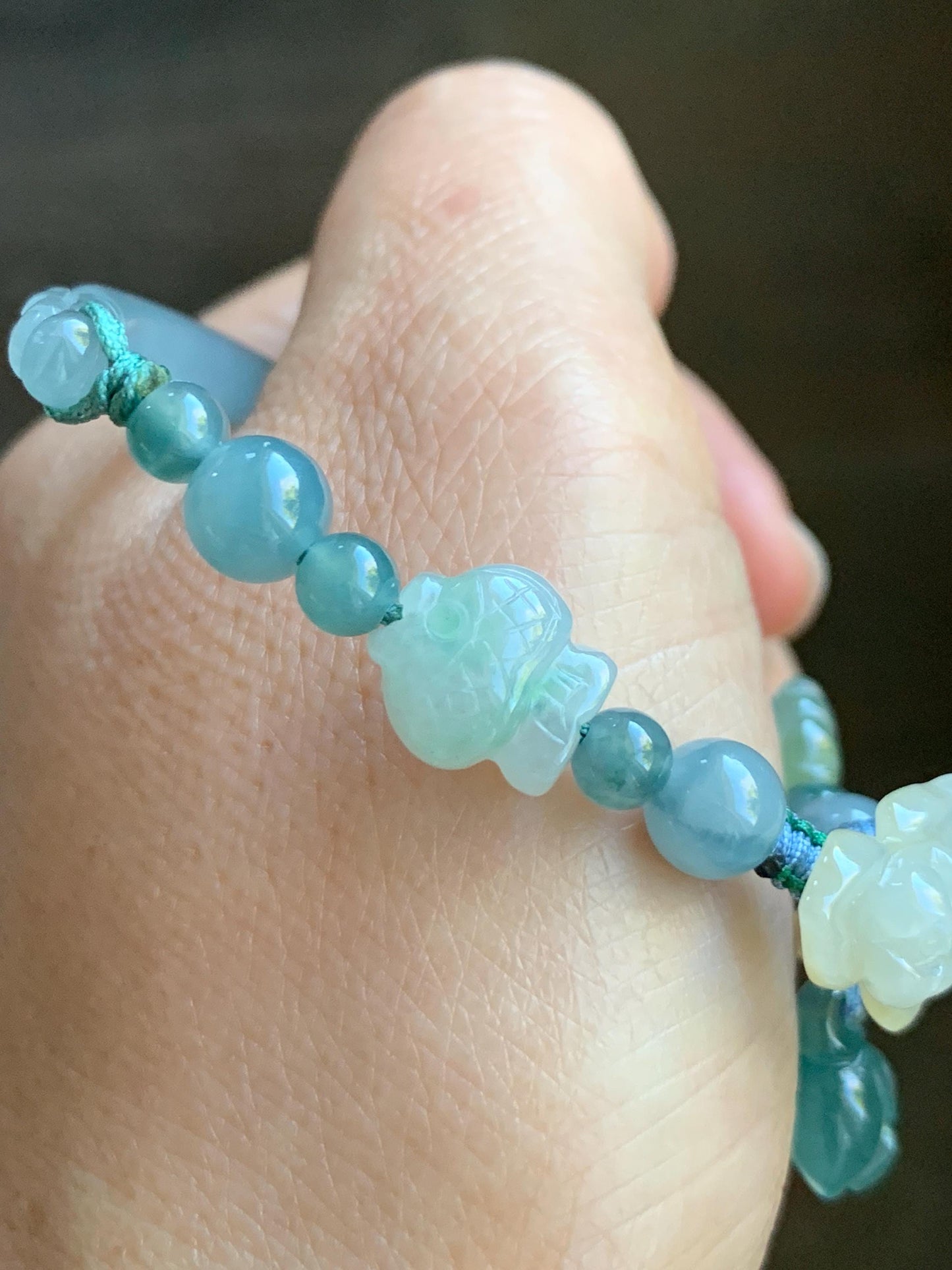 Natural Grade A Icy Translucent Multicolored Pastel Jade Jadeite Carved Cuff & Charms Beaded Rope Bracelet 6” 12g 天然冰胶马卡龙色翡翠繁花似锦半镯手串 FHZ256