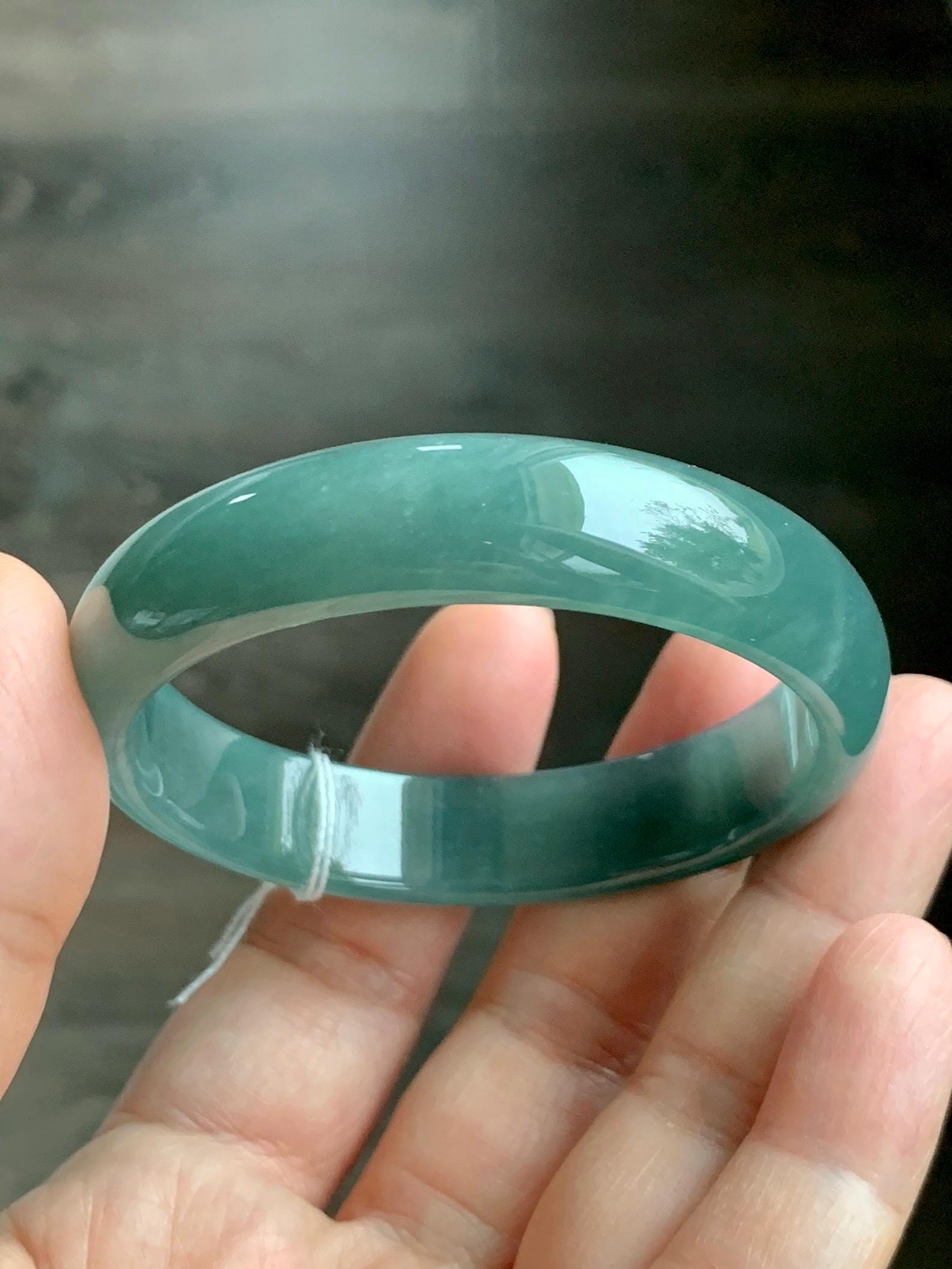 Certified Natural Grade A Guatemalan Icy Translucent Dusty Teal Green Jade Jadeite Wide Bangle 52.5mm 6.5” 38.45g 天然冰危蓝绿翡翠正圈宽版手镯 457