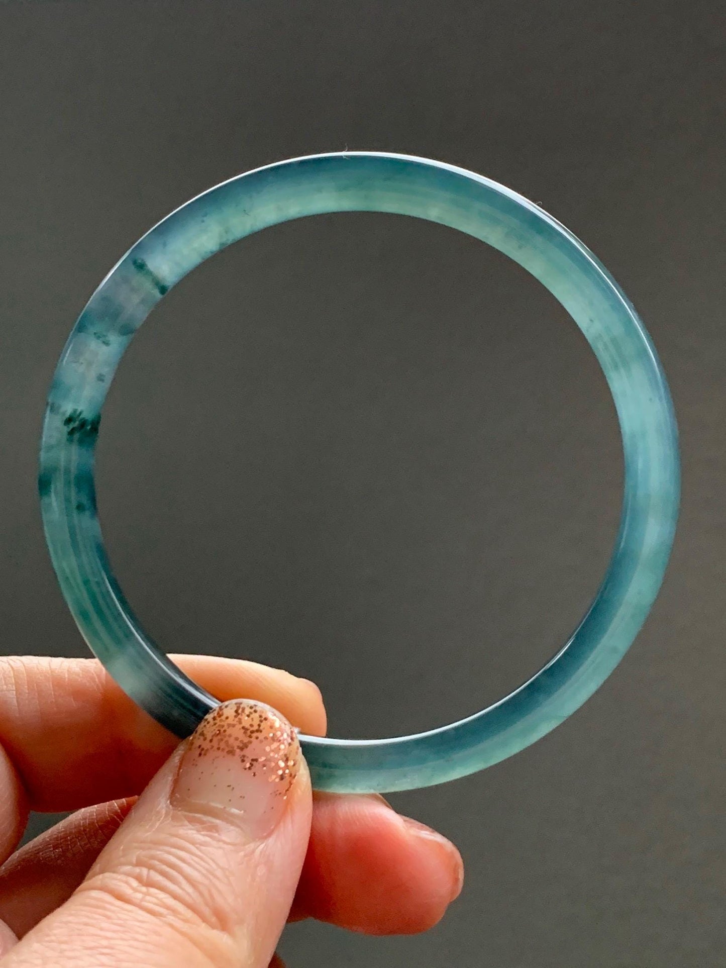 Certified Natural Grade A Guatemalan Icy Highly Translucent Dark Teal Blue Jade Jadeite Slim Bangle 58.56mm 7.24” 19.29g 天然冰胶危深蓝绿翡翠细圆条手镯 450