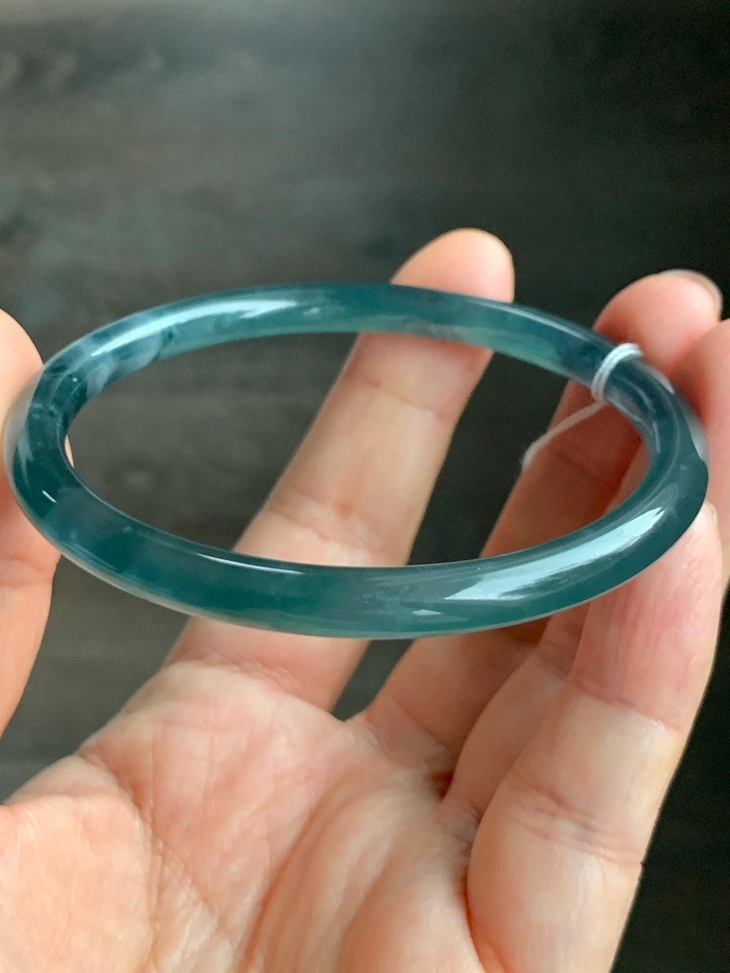 Certified Natural Grade A Guatemalan Icy Highly Translucent Dark Teal Blue Jade Jadeite Slim Bangle 58.56mm 7.24” 19.29g 天然冰胶危深蓝绿翡翠细圆条手镯 450