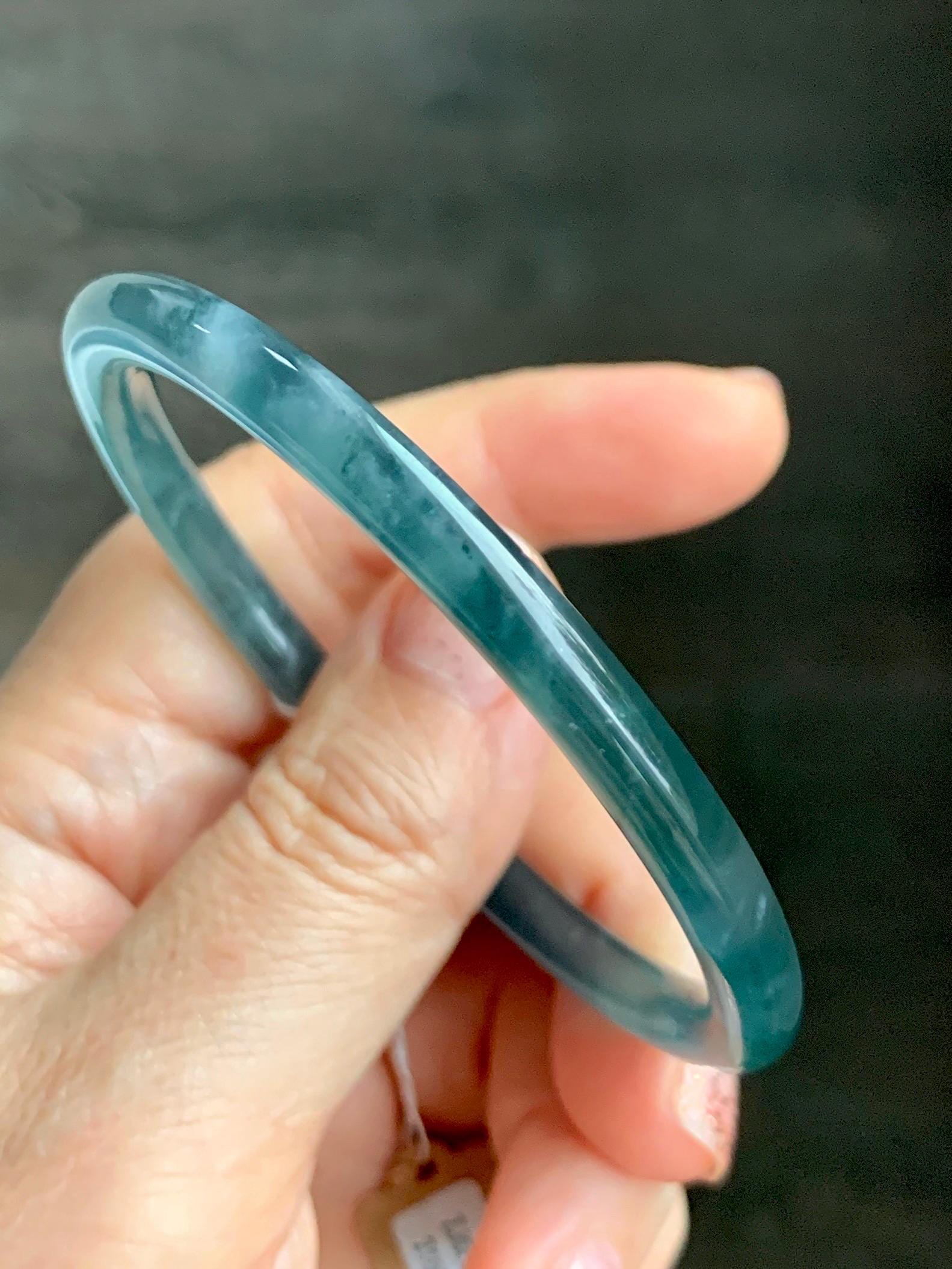 Certified Natural Grade A Guatemalan Icy Highly Translucent Dark Teal Blue Jade Jadeite Slim Bangle 58.56mm 7.24” 19.29g 天然冰胶危深蓝绿翡翠细圆条手镯 450