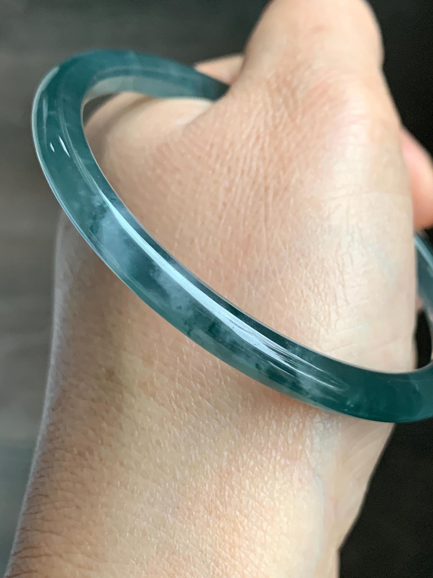 Certified Natural Grade A Guatemalan Icy Highly Translucent Dark Teal Blue Jade Jadeite Slim Bangle 58.56mm 7.24” 19.29g 天然冰胶危深蓝绿翡翠细圆条手镯 450
