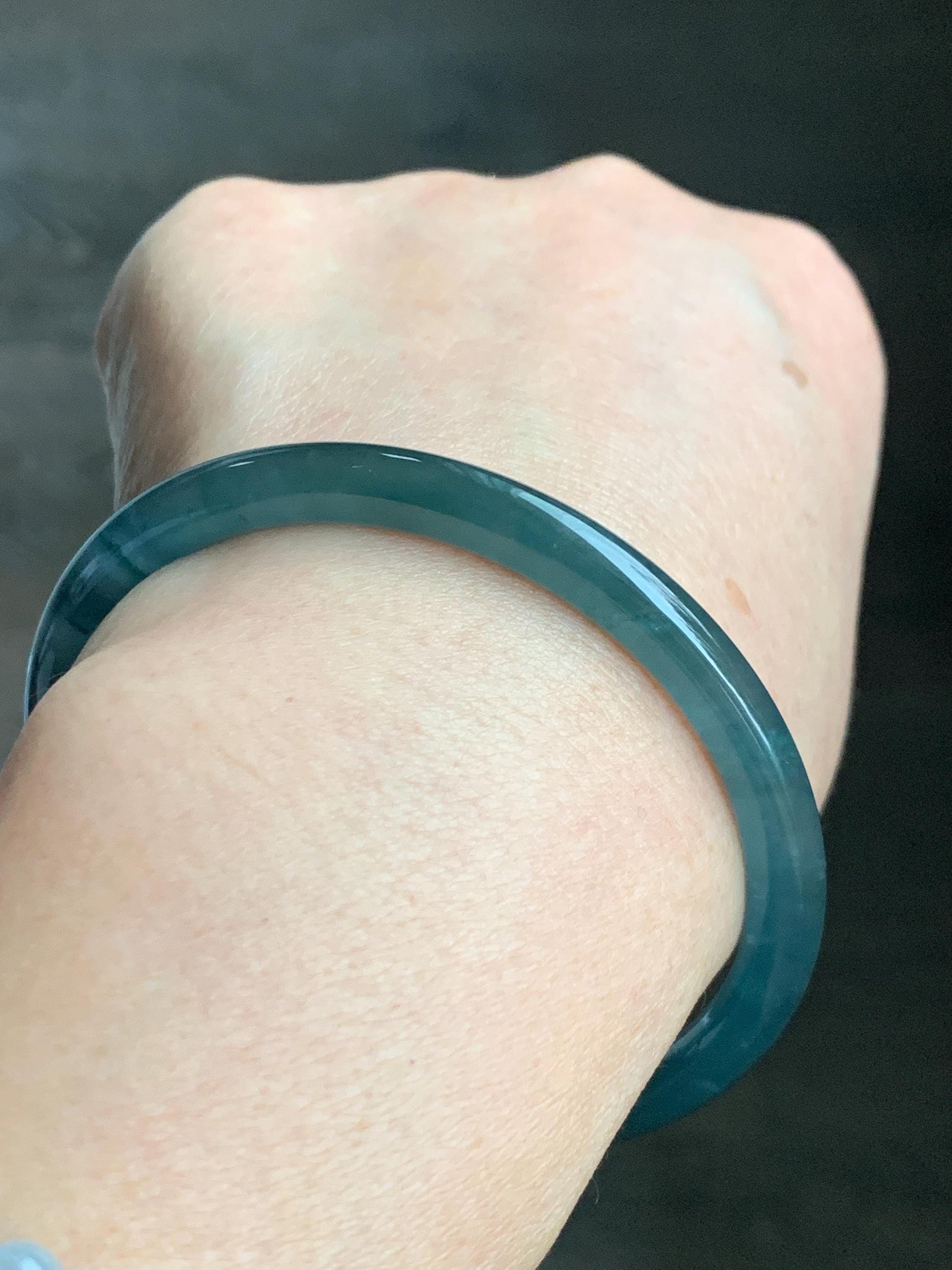 Certified Natural Grade A Guatemalan Icy Highly Translucent Dark Teal Blue Jade Jadeite Slim Bangle 58.56mm 7.24” 19.29g 天然冰胶危深蓝绿翡翠细圆条手镯 450