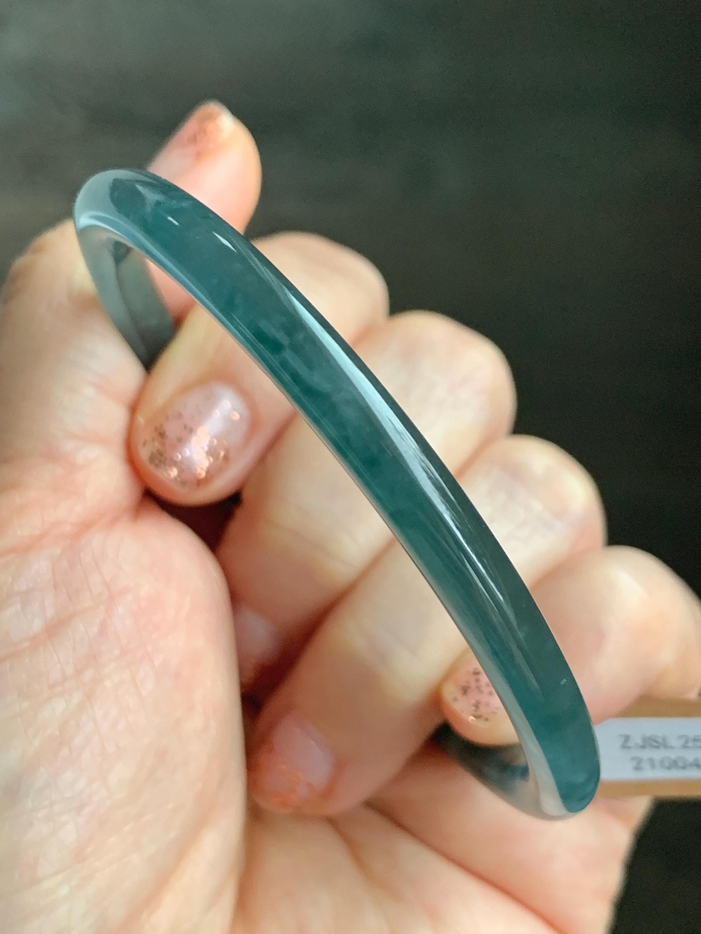 Certified Natural Grade A Guatemalan Icy Highly Translucent Dark Teal Blue Jade Jadeite Slim Bangle 58.56mm 7.24” 19.29g 天然冰胶危深蓝绿翡翠细圆条手镯 450