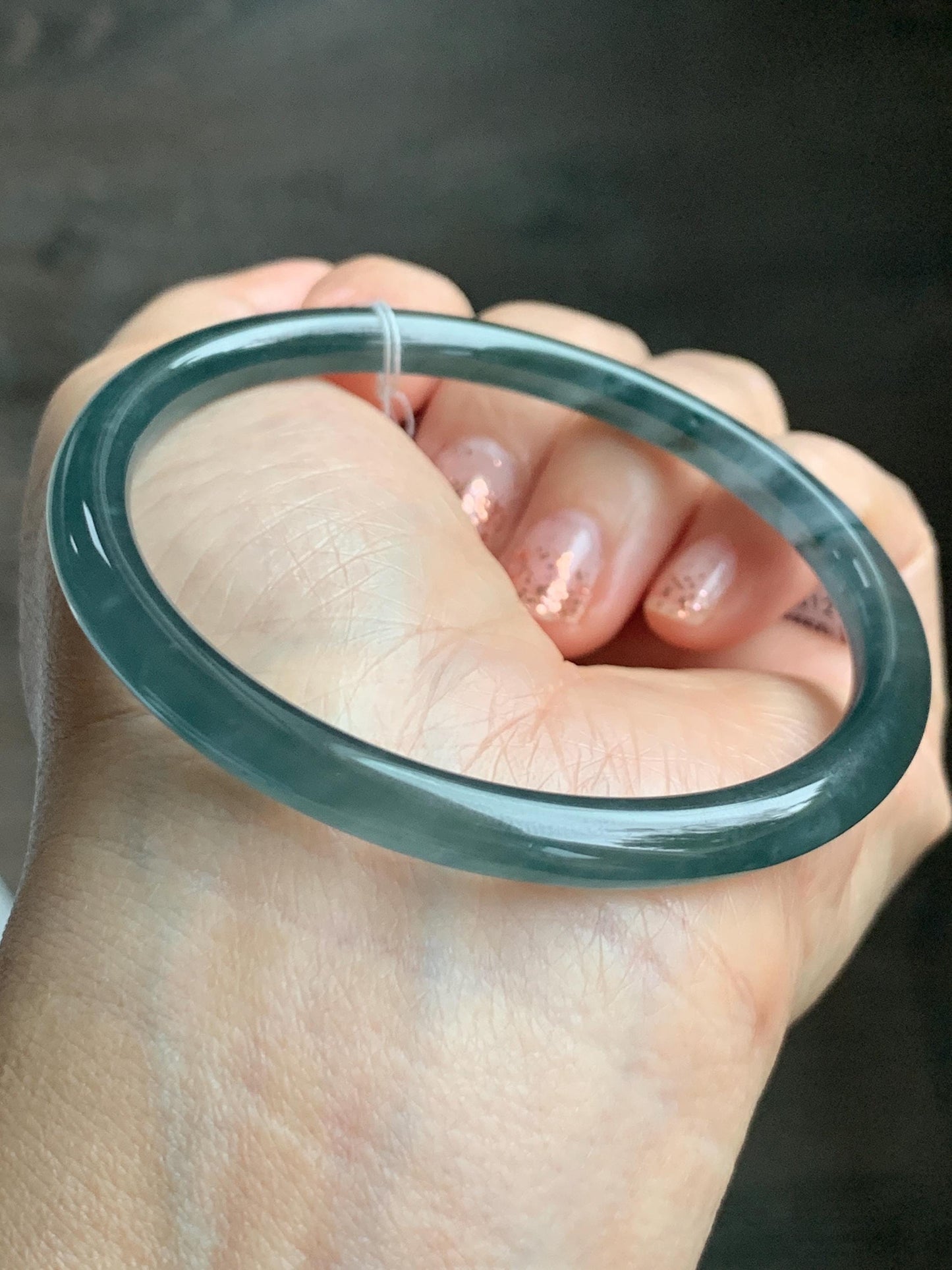 Certified Natural Grade A Guatemalan Icy Highly Translucent Dark Teal Blue Jade Jadeite Slim Bangle 58.56mm 7.24” 19.29g 天然冰胶危深蓝绿翡翠细圆条手镯 450