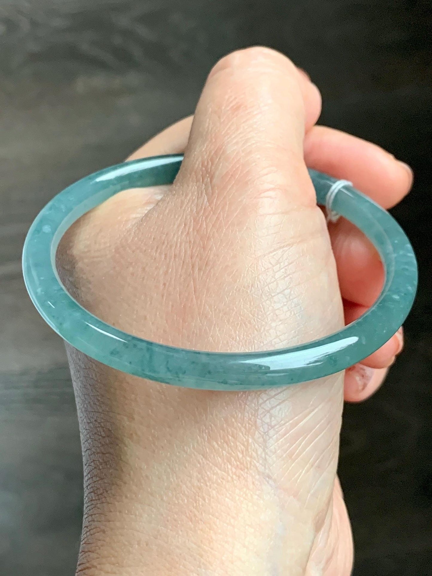 Certified Natural Grade A Guatemalan Icy Translucent Dusty Teal Green Jade Jadeite Slim Bangle 59.3mm 7.33” 18.8g 天然冰危晴蓝翡翠细圆条手镯 461