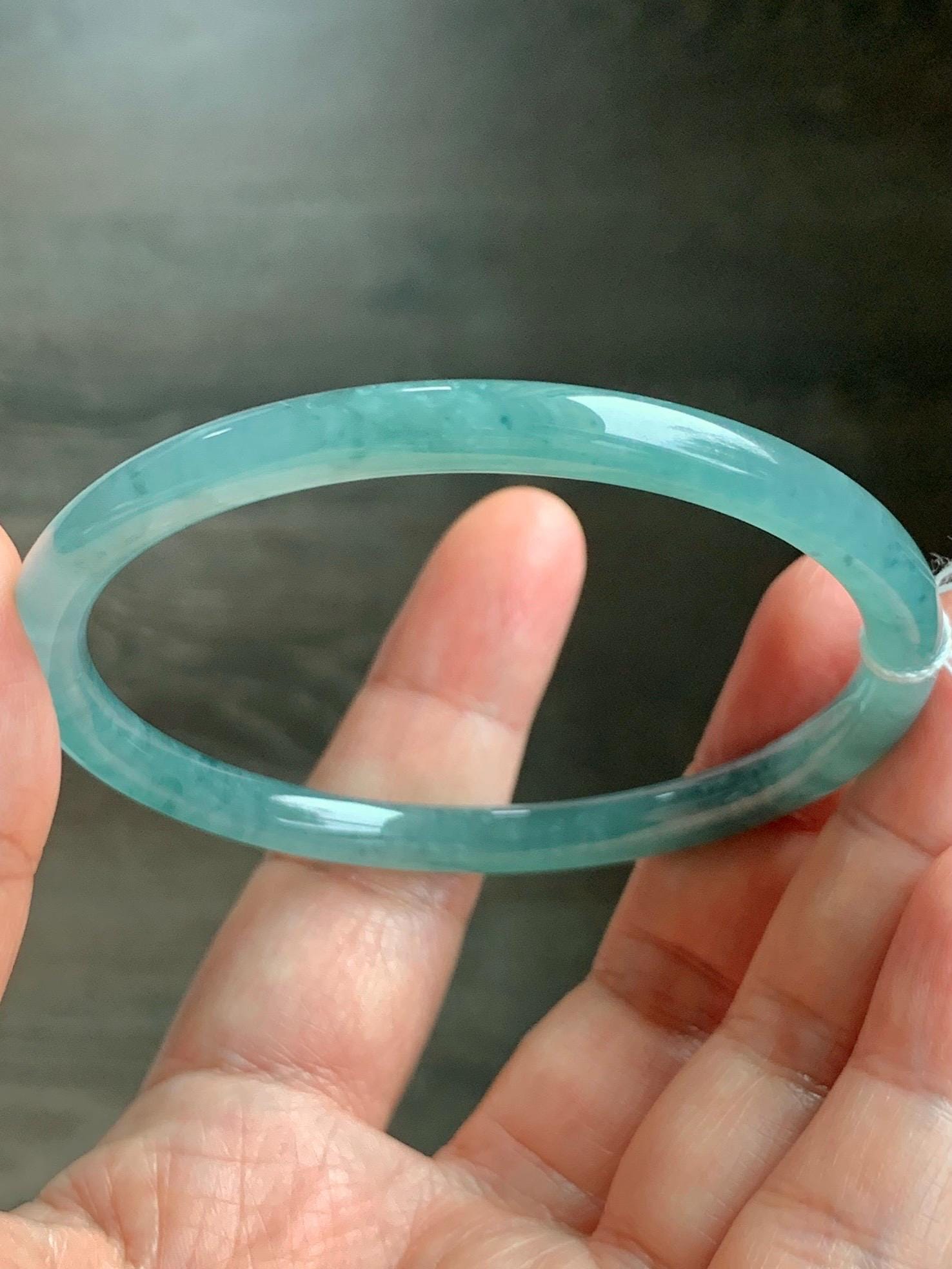 Certified Natural Grade A Guatemalan Icy Translucent Dusty Teal Green Jade Jadeite Slim Bangle 59.3mm 7.33” 18.8g 天然冰危晴蓝翡翠细圆条手镯 461