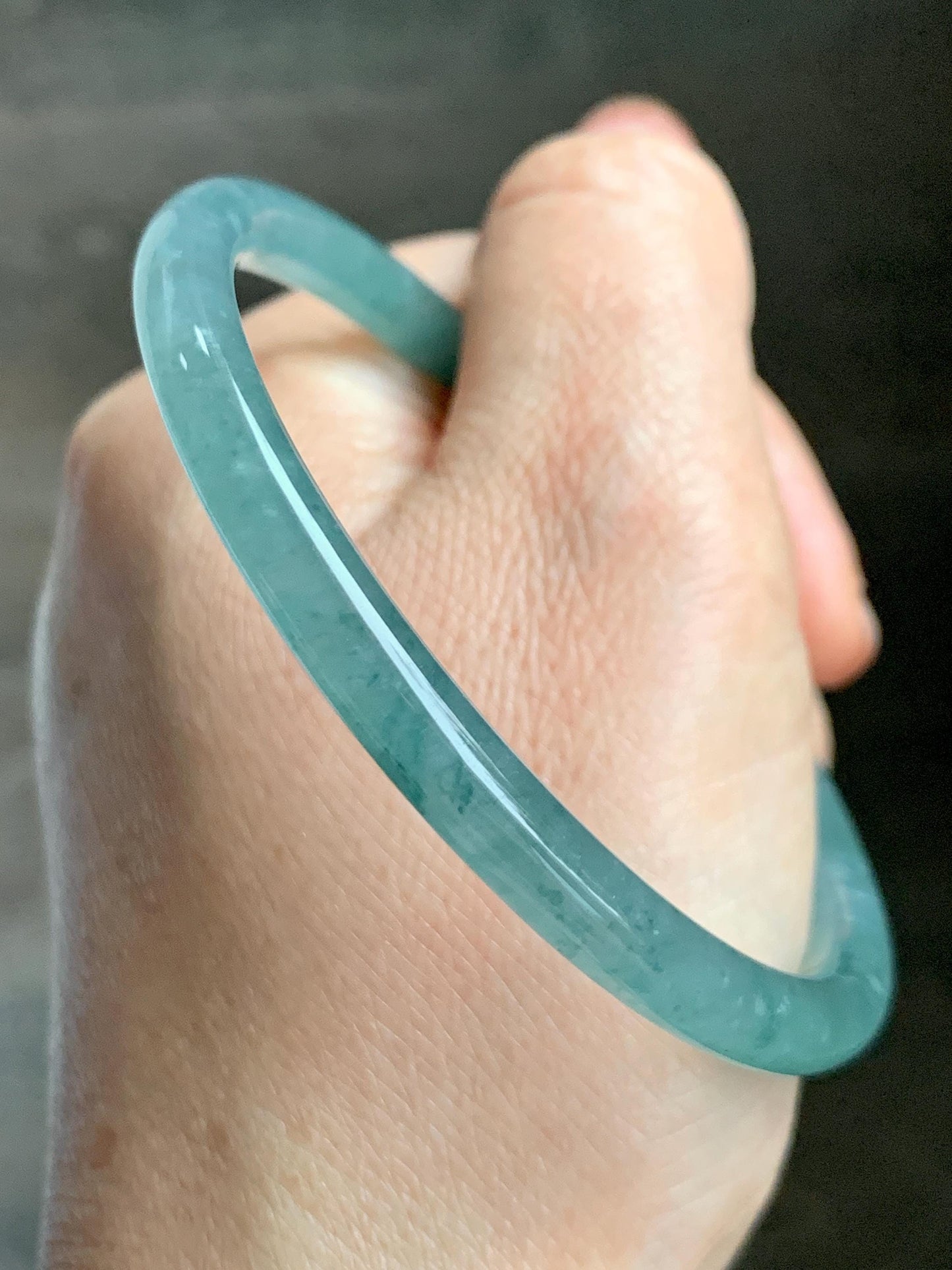 Certified Natural Grade A Guatemalan Icy Translucent Dusty Teal Green Jade Jadeite Slim Bangle 59.3mm 7.33” 18.8g 天然冰危晴蓝翡翠细圆条手镯 461
