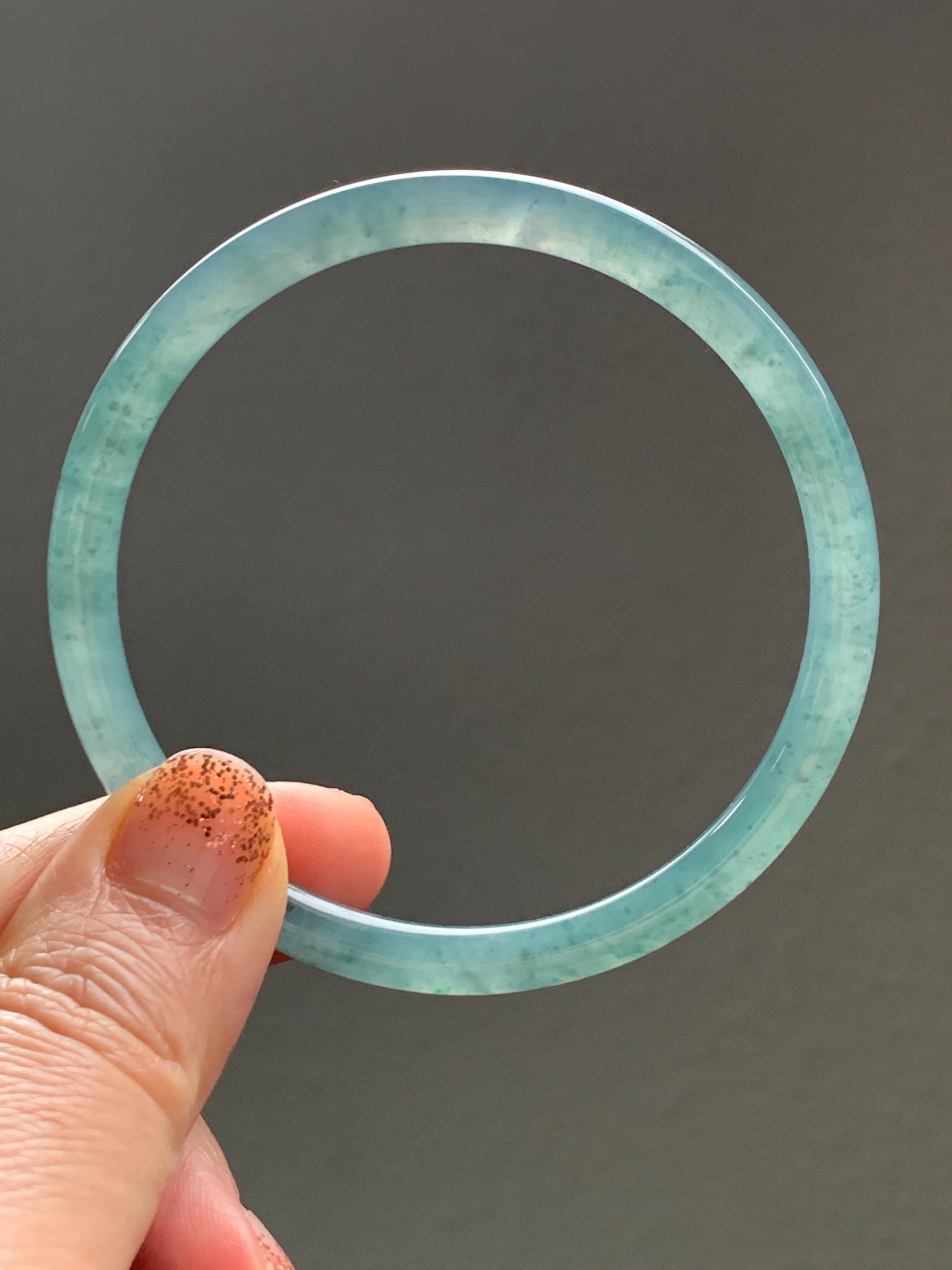 Certified Natural Grade A Guatemalan Icy Translucent Dusty Teal Green Jade Jadeite Slim Bangle 59.3mm 7.33” 18.8g 天然冰危晴蓝翡翠细圆条手镯 461