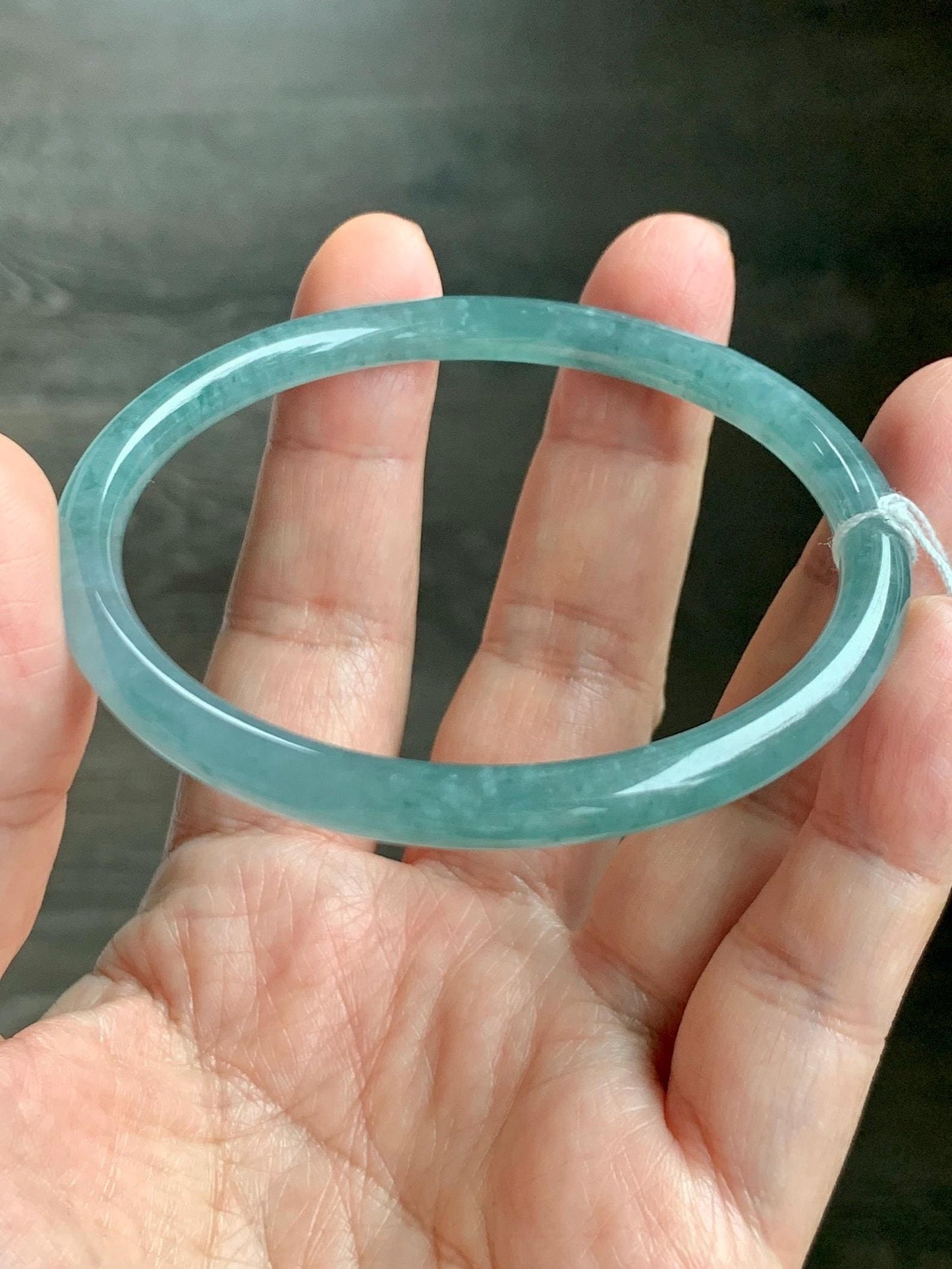 Certified Natural Grade A Guatemalan Icy Translucent Dusty Teal Green Jade Jadeite Slim Bangle 59.3mm 7.33” 18.8g 天然冰危晴蓝翡翠细圆条手镯 461