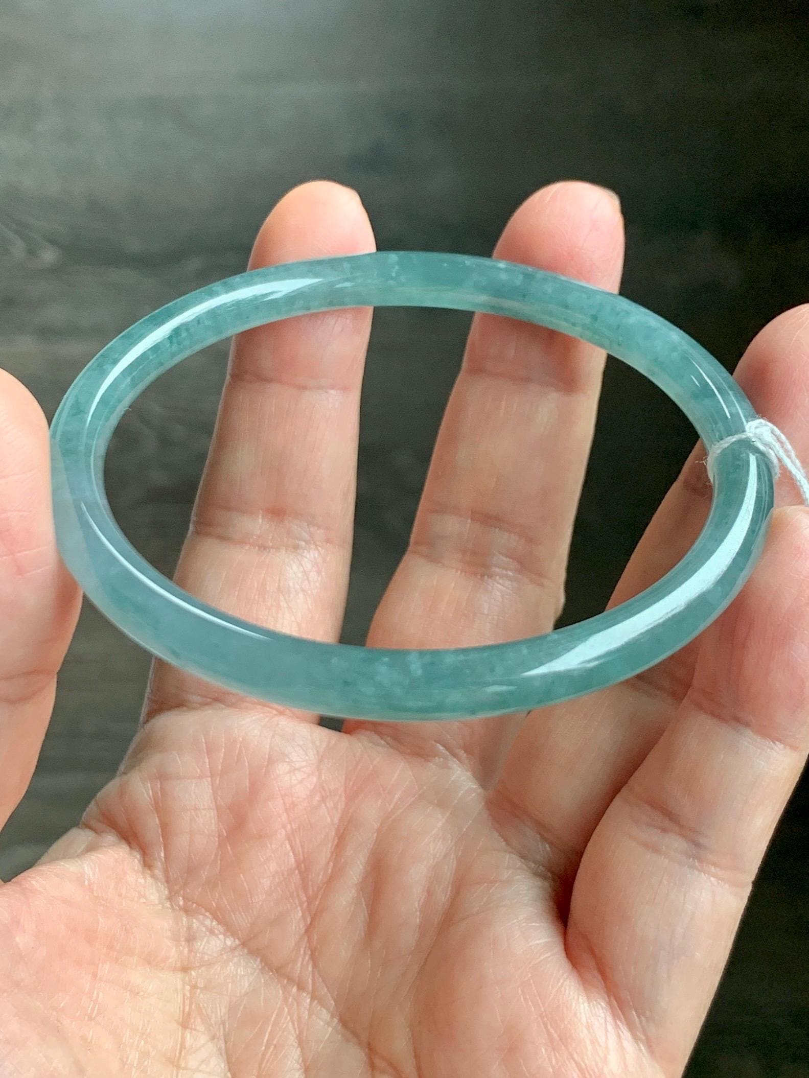 Certified Natural Grade A Guatemalan Icy Translucent Dusty Teal Green Jade Jadeite Slim Bangle 59.3mm 7.33” 18.8g 天然冰危晴蓝翡翠细圆条手镯 461