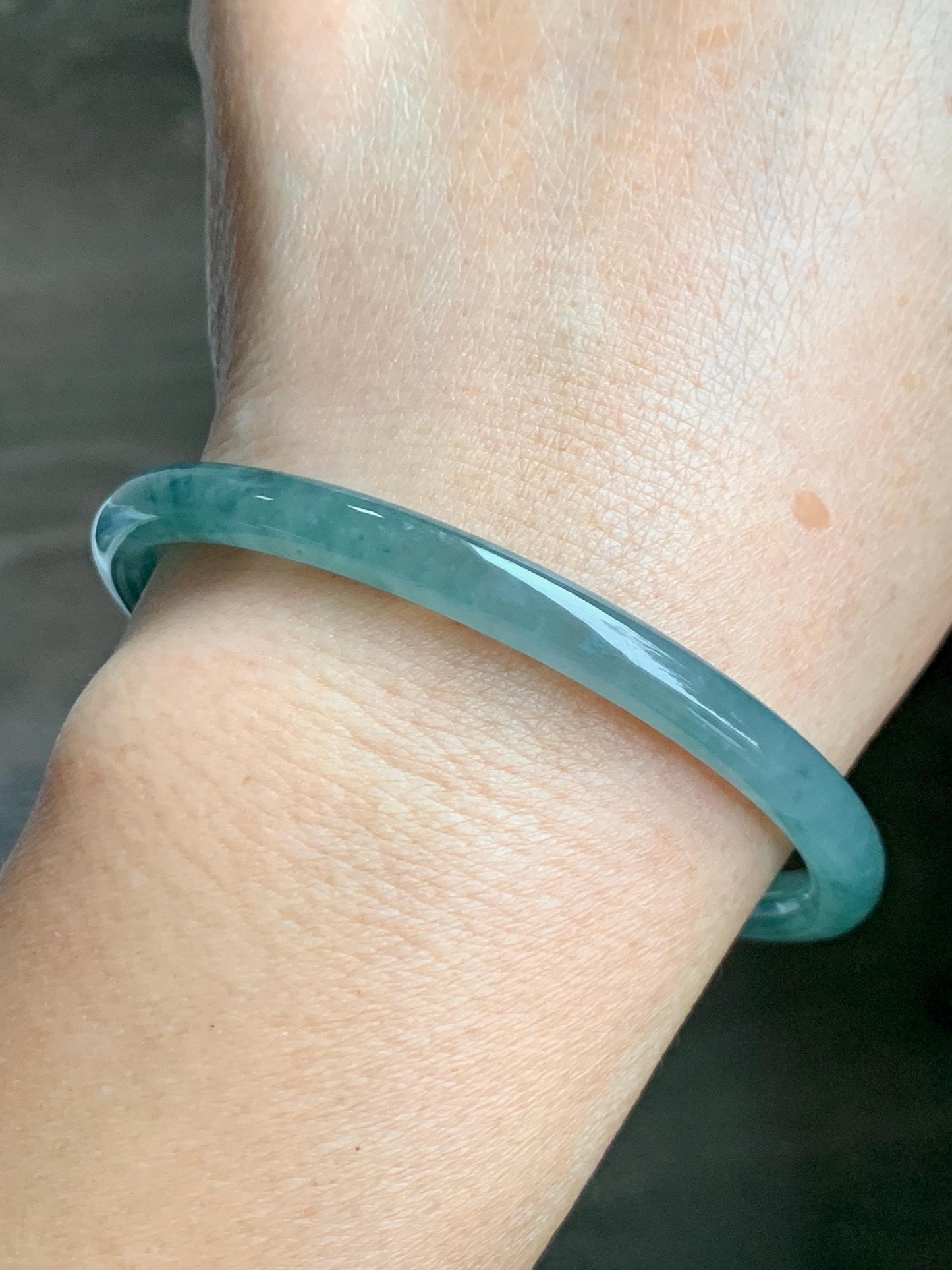 Certified Natural Grade A Guatemalan Icy Translucent Dusty Teal Green Jade Jadeite Slim Bangle 59.3mm 7.33” 18.8g 天然冰危晴蓝翡翠细圆条手镯 461