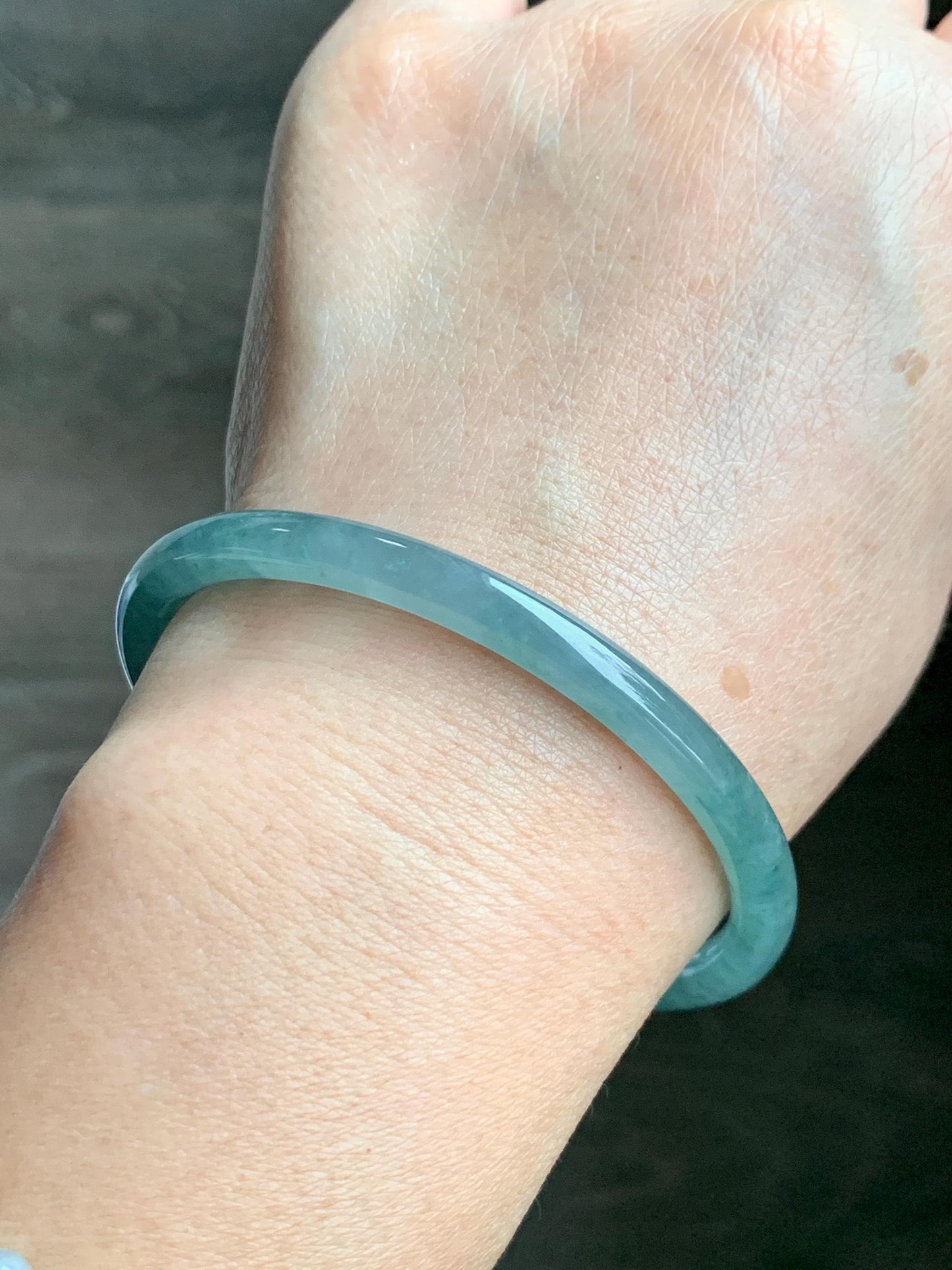 Certified Natural Grade A Guatemalan Icy Translucent Dusty Teal Green Jade Jadeite Slim Bangle 59.3mm 7.33” 18.8g 天然冰危晴蓝翡翠细圆条手镯 461