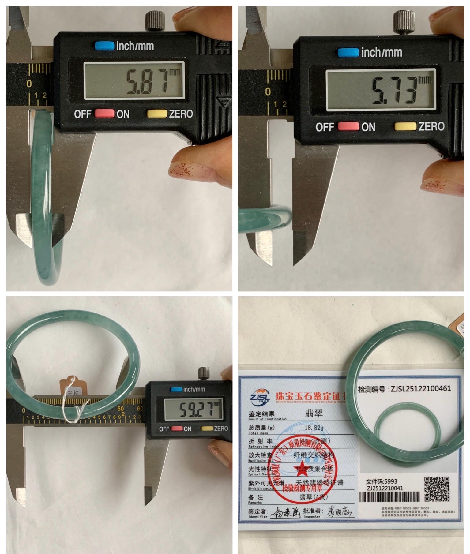 Certified Natural Grade A Guatemalan Icy Translucent Dusty Teal Green Jade Jadeite Slim Bangle 59.3mm 7.33” 18.8g 天然冰危晴蓝翡翠细圆条手镯 461