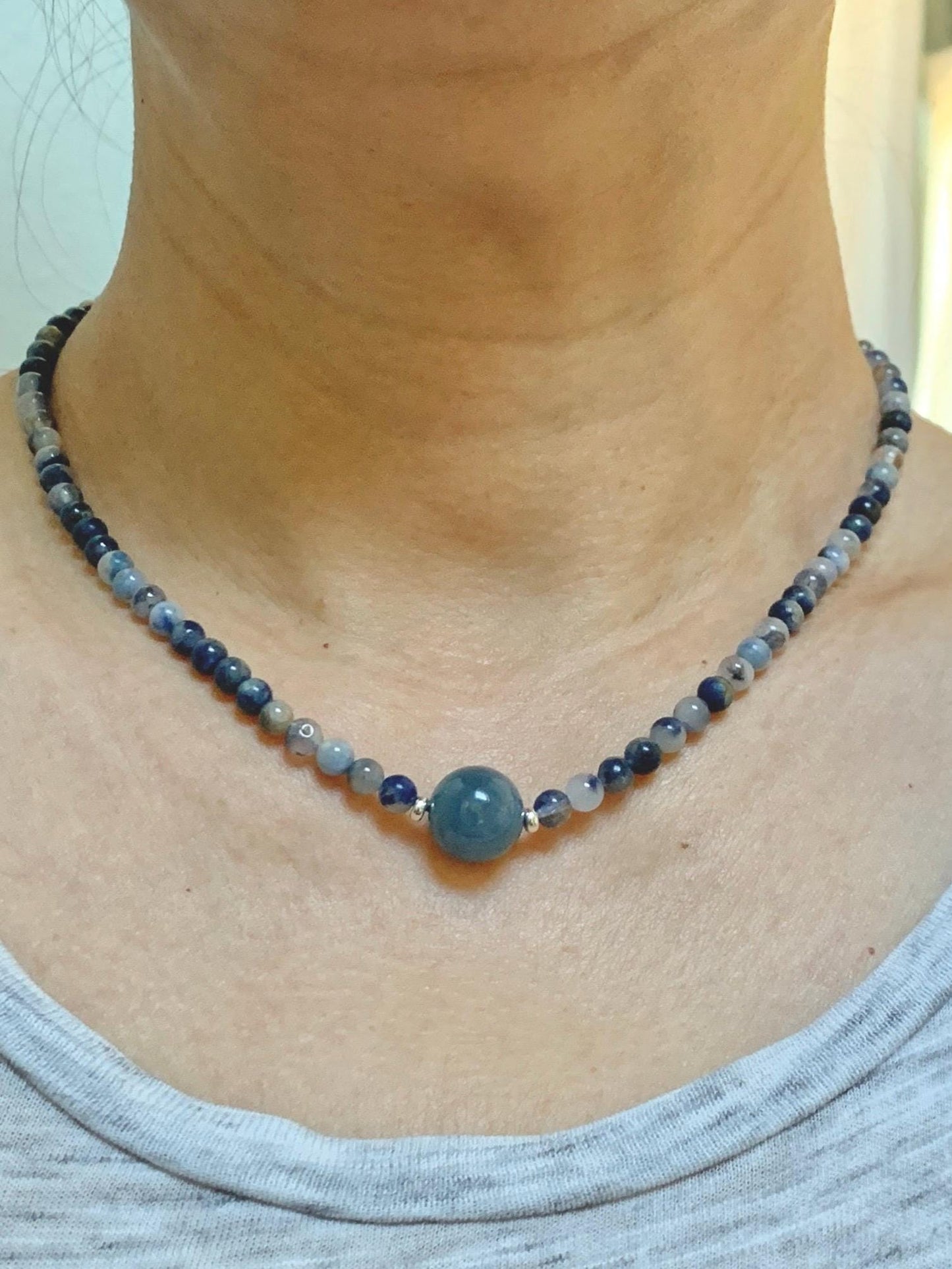 Natural Grade A Icy Translucent Purplish Blue Jade Jadeite Dumortierite Quartz Beads Beaded Necklace Sterling Silver 17” 天然冰危蓝紫翡翠珠蓝线石石英项链WLS