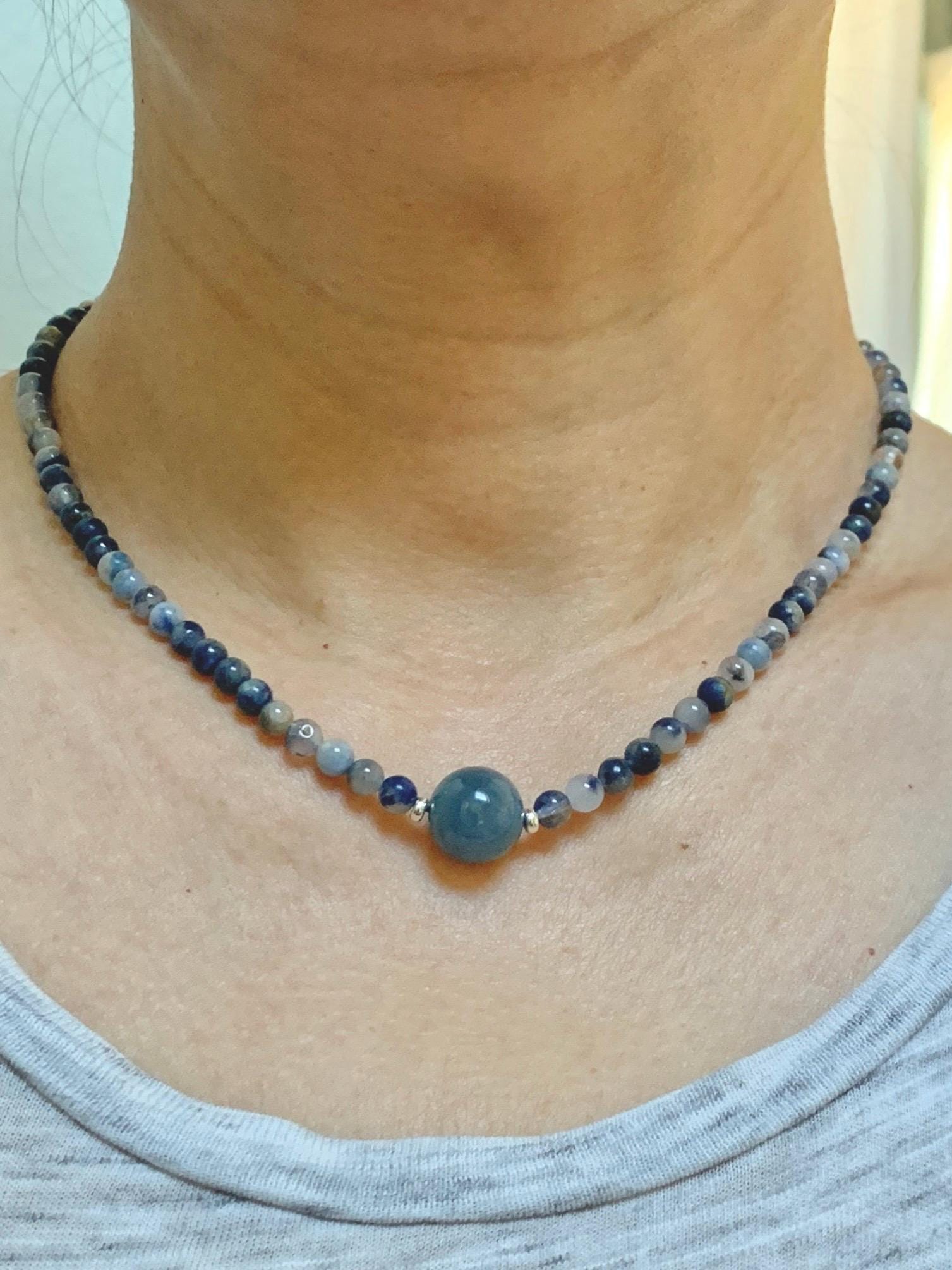 Natural Grade A Icy Translucent Purplish Blue Jade Jadeite Dumortierite Quartz Beads Beaded Necklace Sterling Silver 17” 天然冰危蓝紫翡翠珠蓝线石石英项链WLS