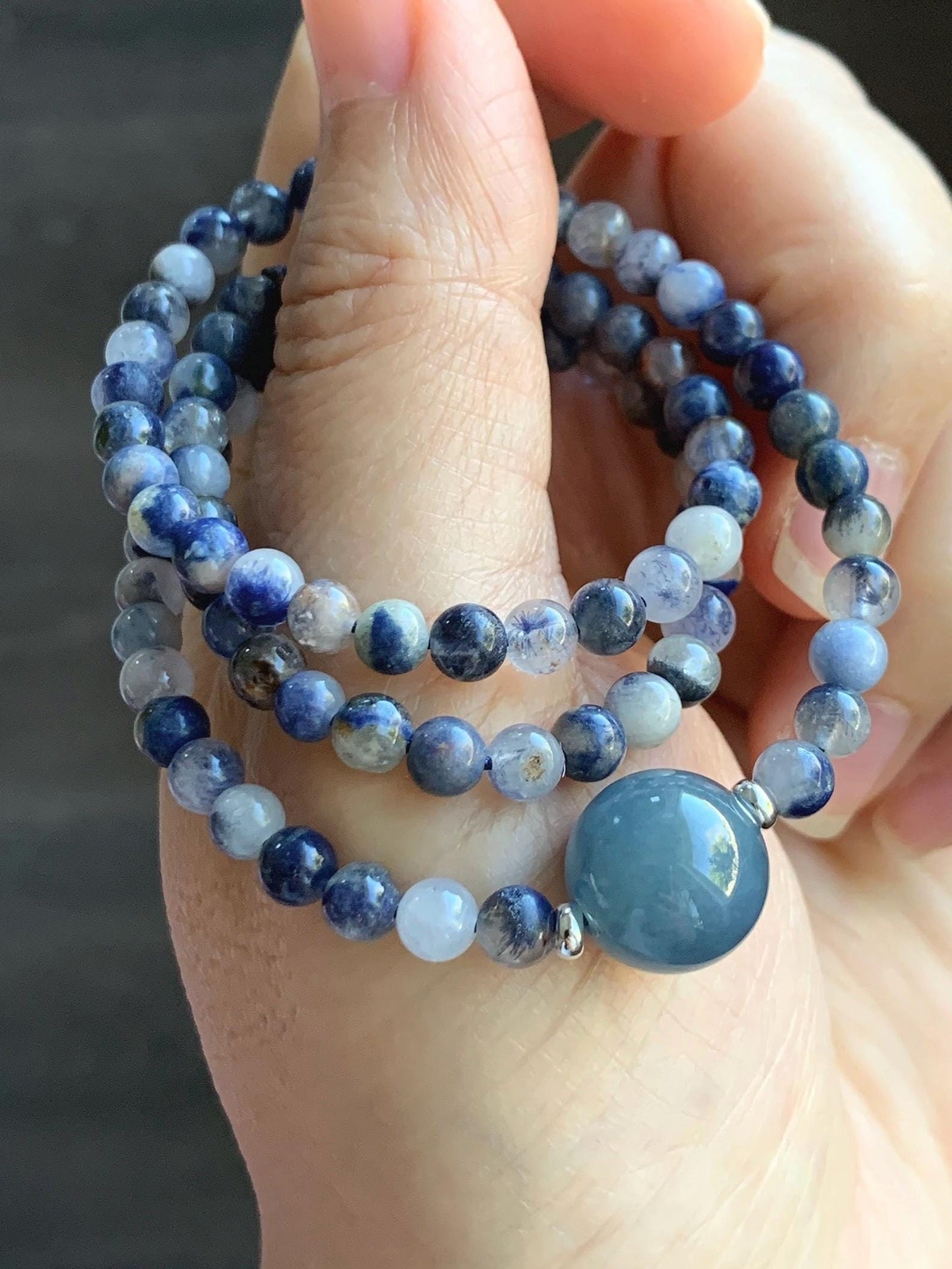 Natural Grade A Icy Translucent Purplish Blue Jade Jadeite Dumortierite Quartz Beads Beaded Necklace Sterling Silver 17” 天然冰危蓝紫翡翠珠蓝线石石英项链WLS