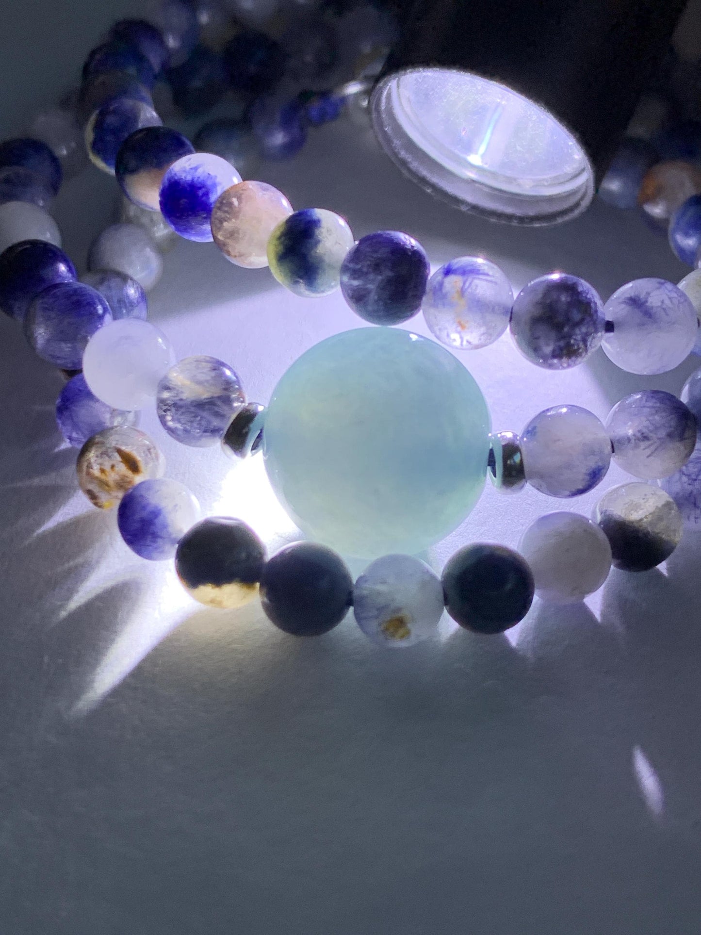 Natural Grade A Icy Translucent Purplish Blue Jade Jadeite Dumortierite Quartz Beads Beaded Necklace Sterling Silver 17” 天然冰危蓝紫翡翠珠蓝线石石英项链WLS