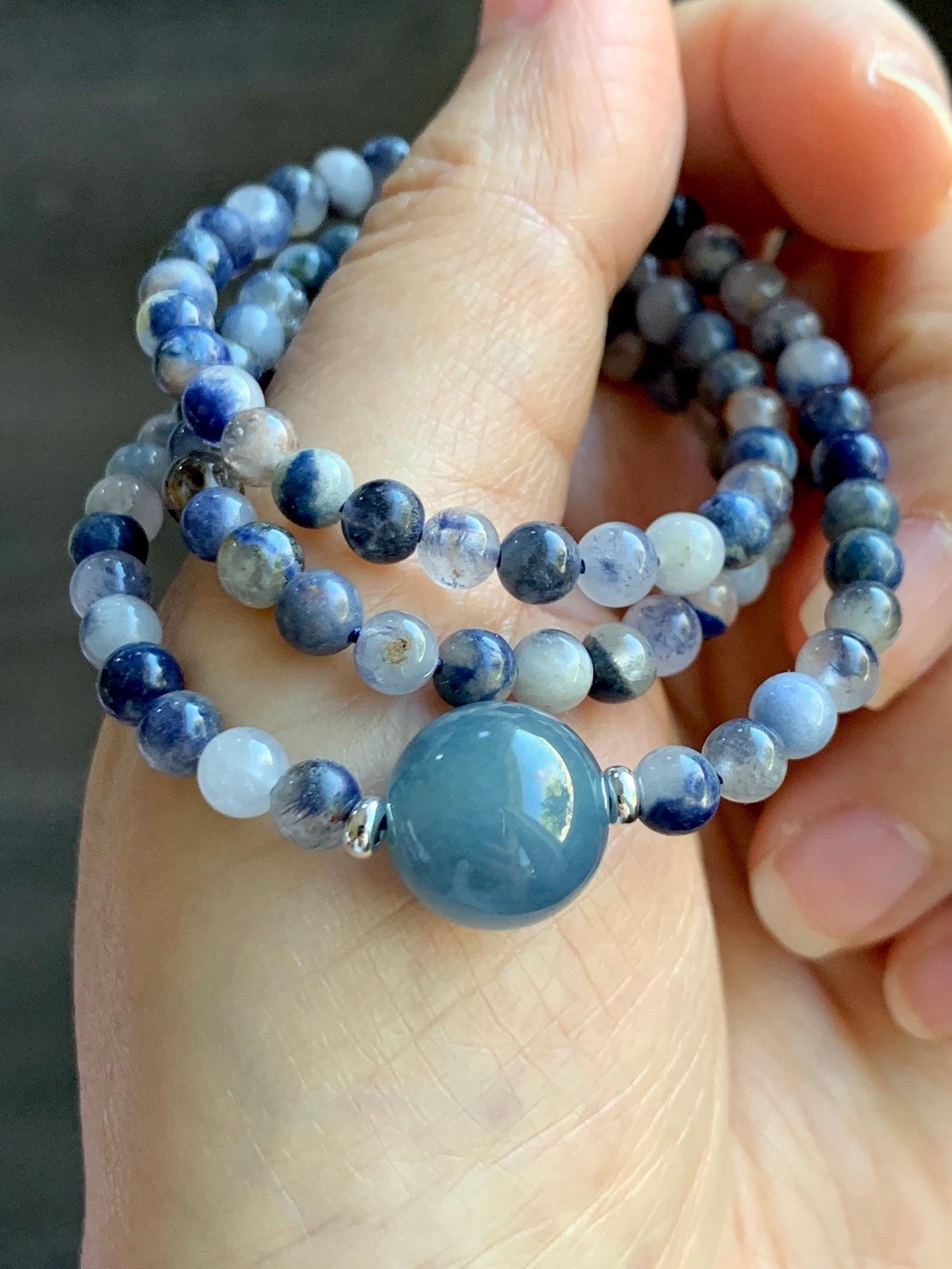 Natural Grade A Icy Translucent Purplish Blue Jade Jadeite Dumortierite Quartz Beads Beaded Necklace Sterling Silver 17” 天然冰危蓝紫翡翠珠蓝线石石英项链WLS