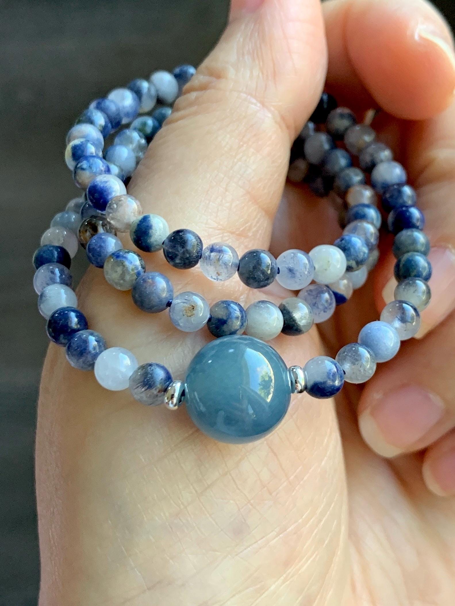 Natural Grade A Icy Translucent Purplish Blue Jade Jadeite Dumortierite Quartz Beads Beaded Necklace Sterling Silver 17” 天然冰危蓝紫翡翠珠蓝线石石英项链WLS