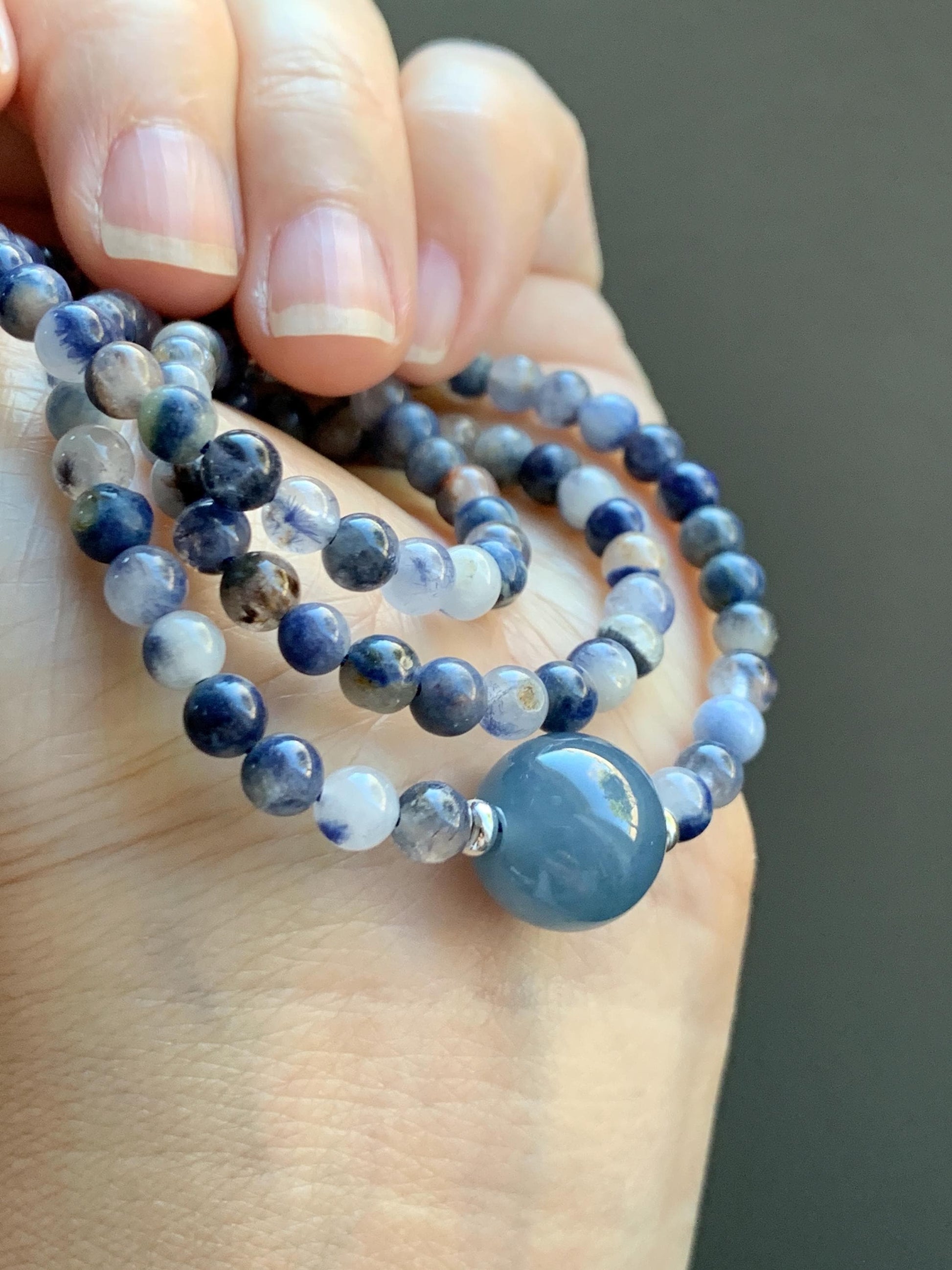 Natural Grade A Icy Translucent Purplish Blue Jade Jadeite Dumortierite Quartz Beads Beaded Necklace Sterling Silver 17” 天然冰危蓝紫翡翠珠蓝线石石英项链WLS
