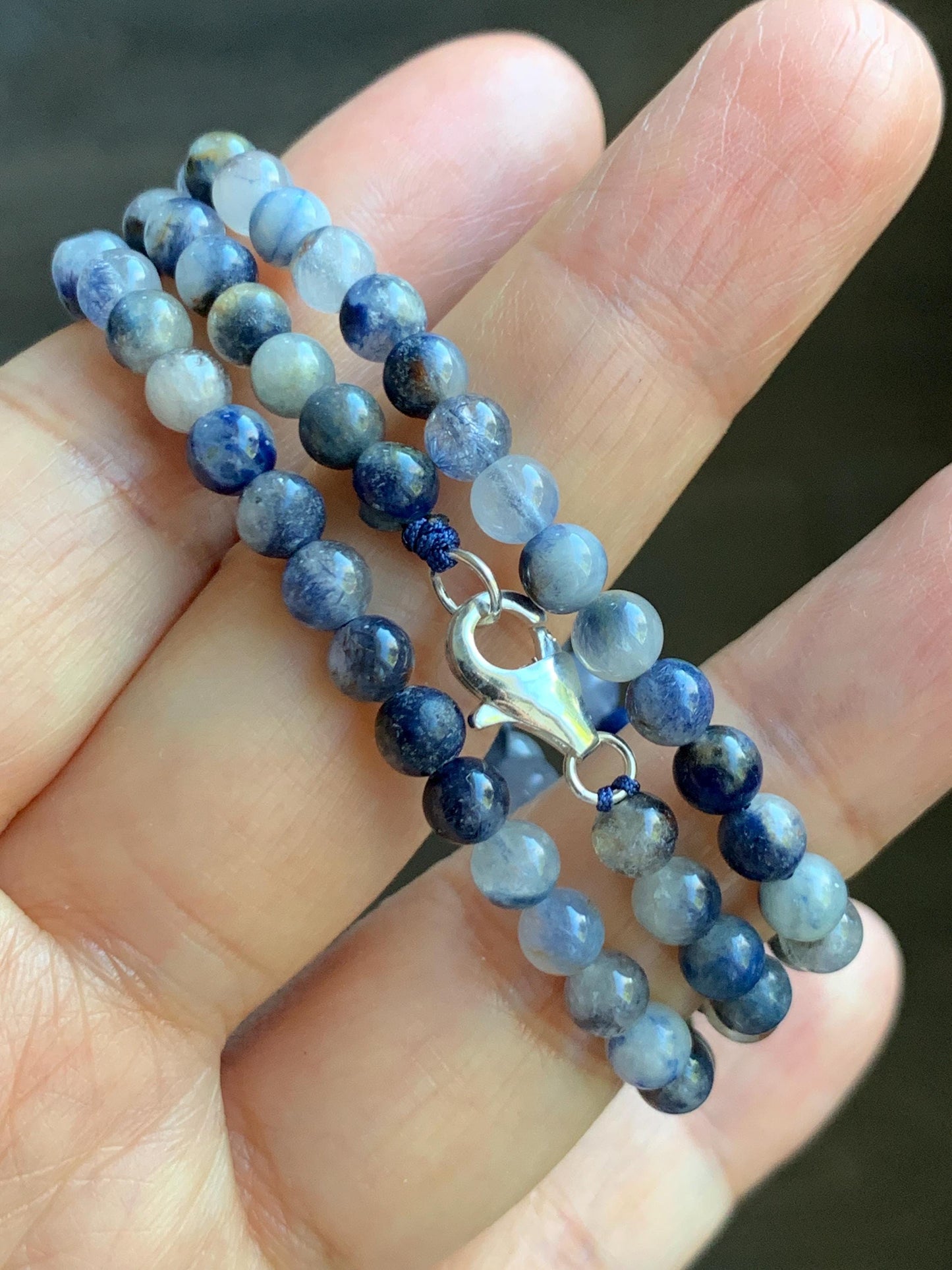 Natural Grade A Icy Translucent Purplish Blue Jade Jadeite Dumortierite Quartz Beads Beaded Necklace Sterling Silver 17” 天然冰危蓝紫翡翠珠蓝线石石英项链WLS