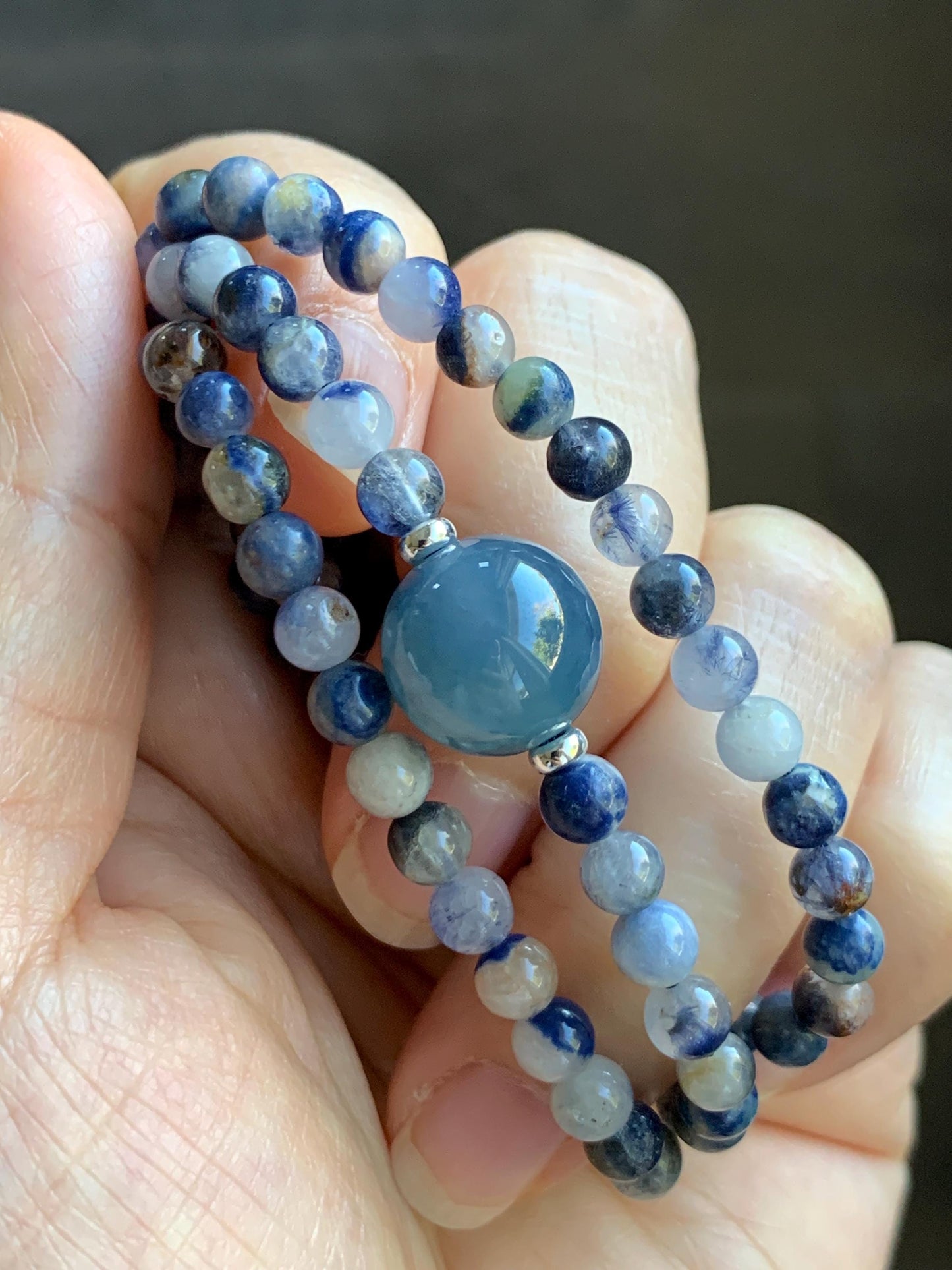 Natural Grade A Icy Translucent Purplish Blue Jade Jadeite Dumortierite Quartz Beads Beaded Necklace Sterling Silver 17” 天然冰危蓝紫翡翠珠蓝线石石英项链WLS