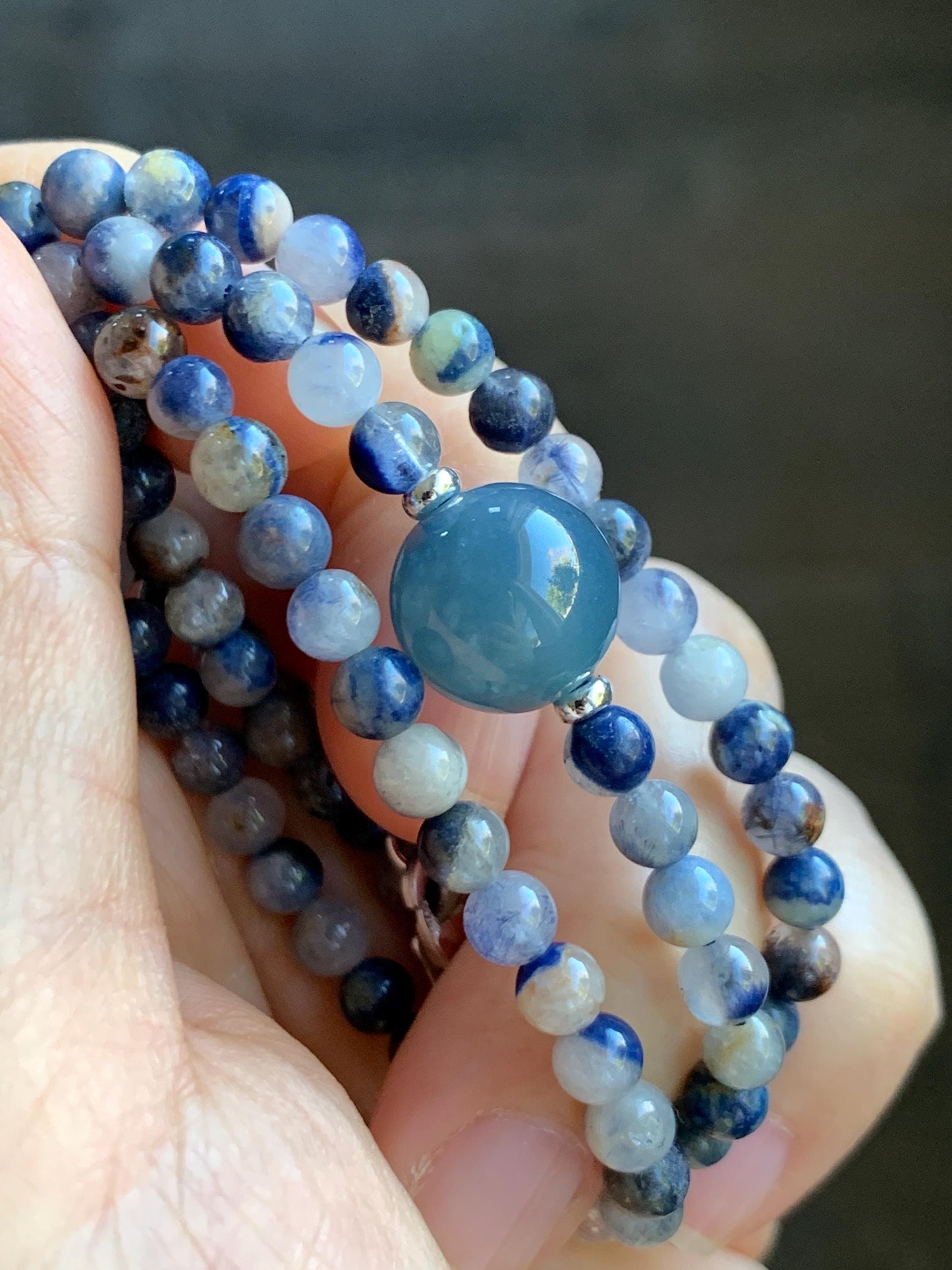 Natural Grade A Icy Translucent Purplish Blue Jade Jadeite Dumortierite Quartz Beads Beaded Necklace Sterling Silver 17” 天然冰危蓝紫翡翠珠蓝线石石英项链WLS