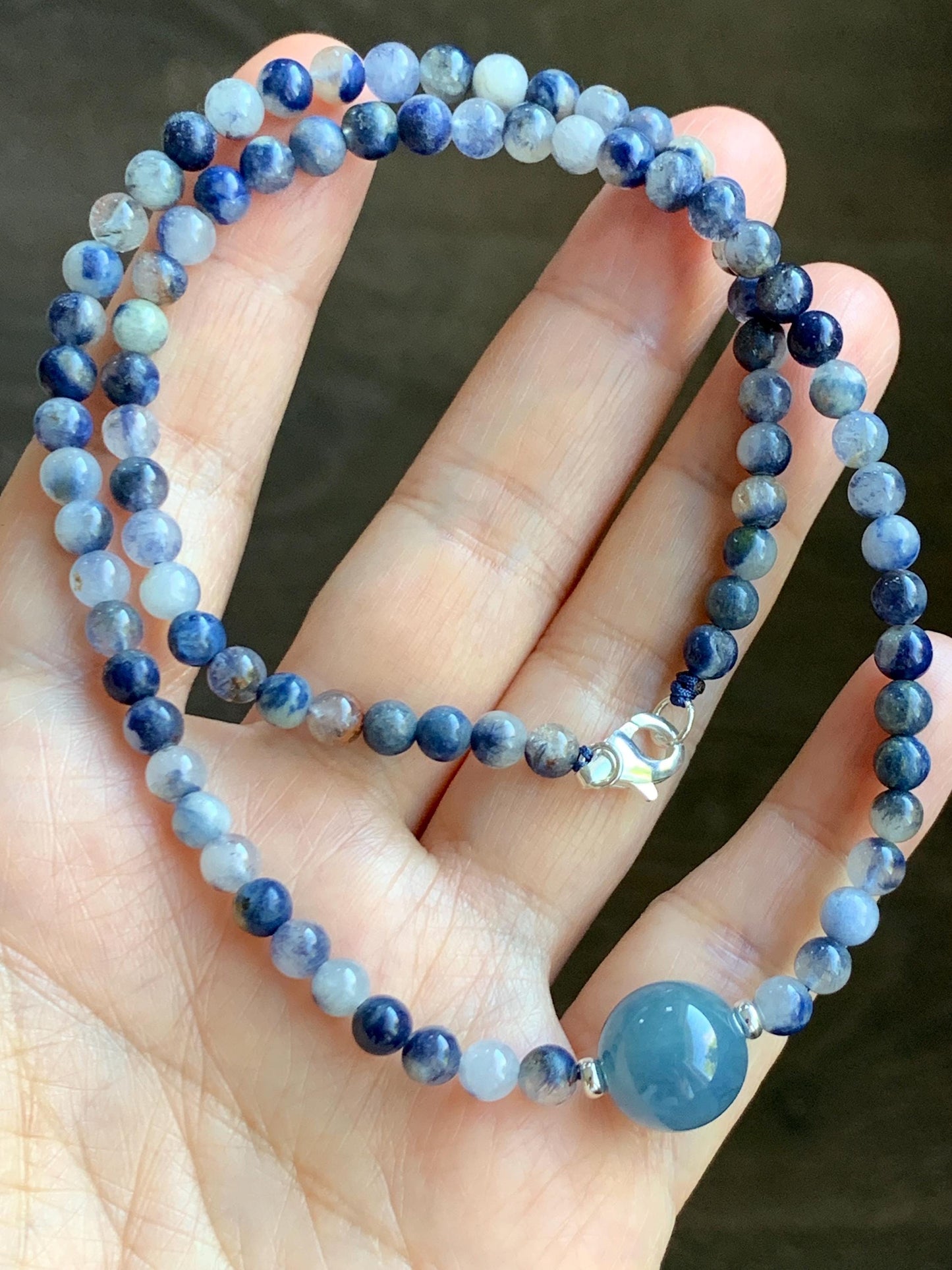 Natural Grade A Icy Translucent Purplish Blue Jade Jadeite Dumortierite Quartz Beads Beaded Necklace Sterling Silver 17” 天然冰危蓝紫翡翠珠蓝线石石英项链WLS