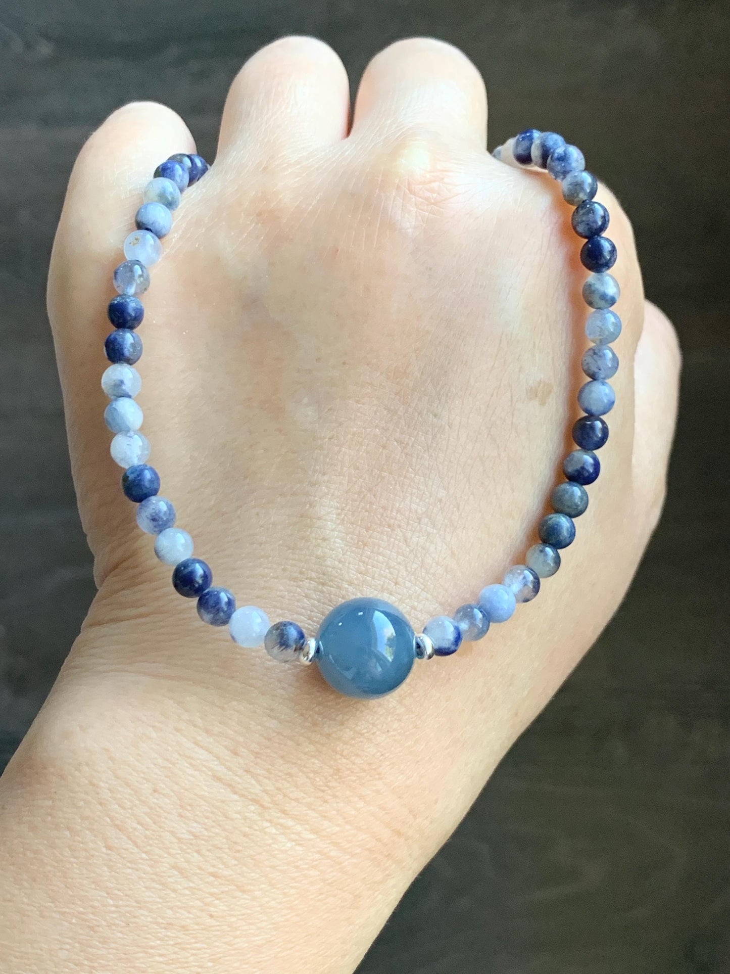 Natural Grade A Icy Translucent Purplish Blue Jade Jadeite Dumortierite Quartz Beads Beaded Necklace Sterling Silver 17” 天然冰危蓝紫翡翠珠蓝线石石英项链WLS
