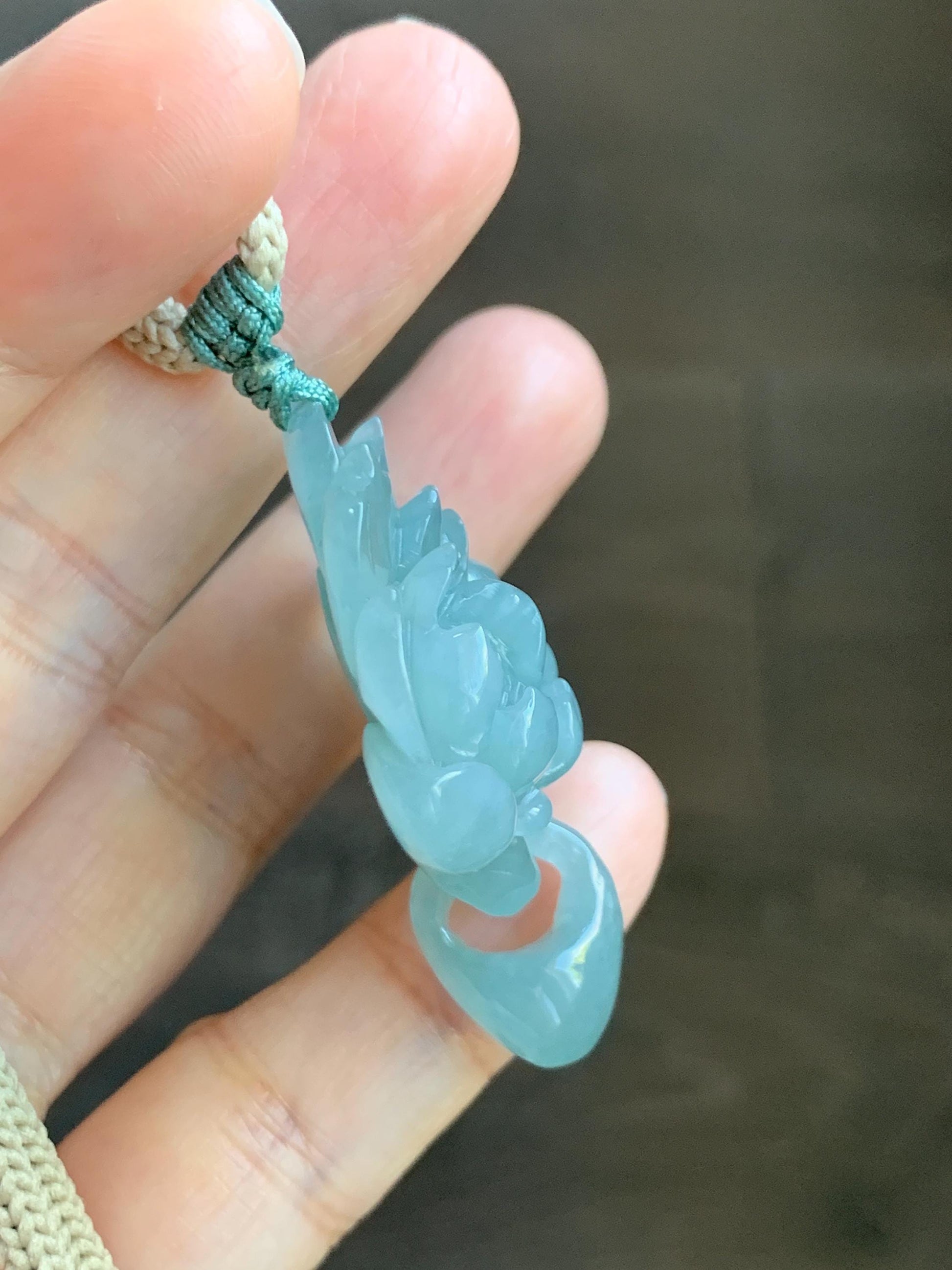 Natural Grade A Guatemalan Icy Translucent Teal Jade Jadeite Carved Double Lotus Flower Pendant Rope Necklace 25” 22g 天然冰危浅蓝翡翠双莲花吊坠 WSLH165