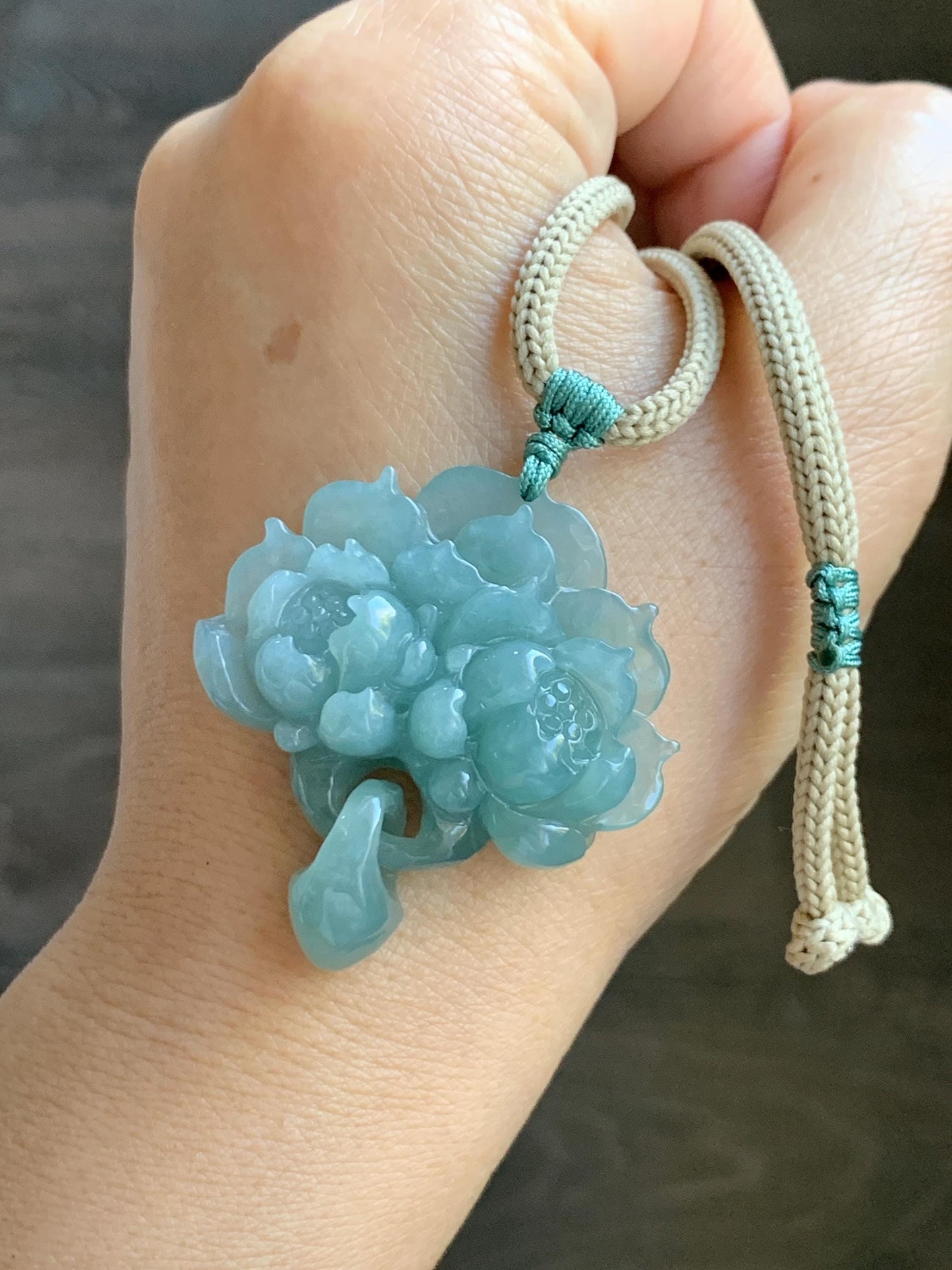 Natural Grade A Guatemalan Icy Translucent Teal Jade Jadeite Carved Double Lotus Flower Pendant Rope Necklace 25” 22g 天然冰危浅蓝翡翠双莲花吊坠 WSLH165