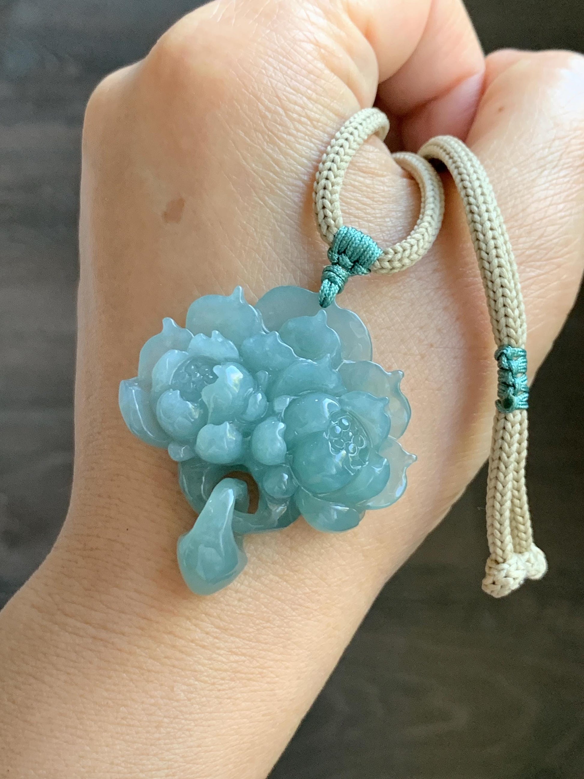 Natural Grade A Guatemalan Icy Translucent Teal Jade Jadeite Carved Double Lotus Flower Pendant Rope Necklace 25” 22g 天然冰危浅蓝翡翠双莲花吊坠 WSLH165