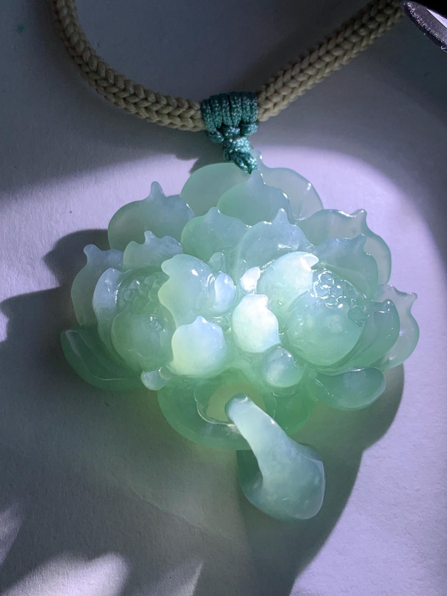 Natural Grade A Guatemalan Icy Translucent Teal Jade Jadeite Carved Double Lotus Flower Pendant Rope Necklace 25” 22g 天然冰危浅蓝翡翠双莲花吊坠 WSLH165