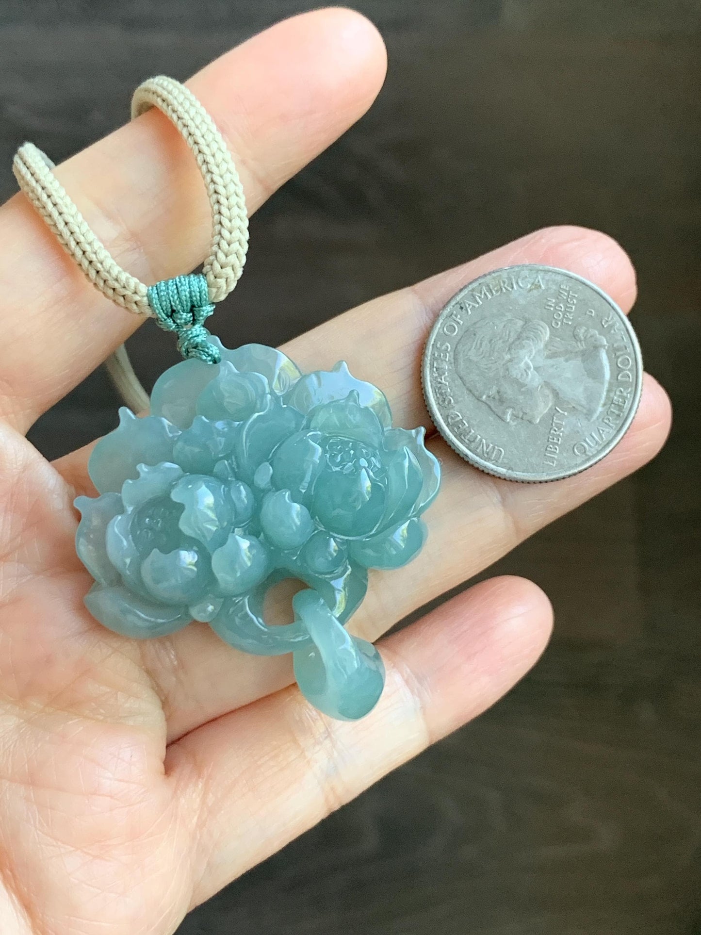 Natural Grade A Guatemalan Icy Translucent Teal Jade Jadeite Carved Double Lotus Flower Pendant Rope Necklace 25” 22g 天然冰危浅蓝翡翠双莲花吊坠 WSLH165