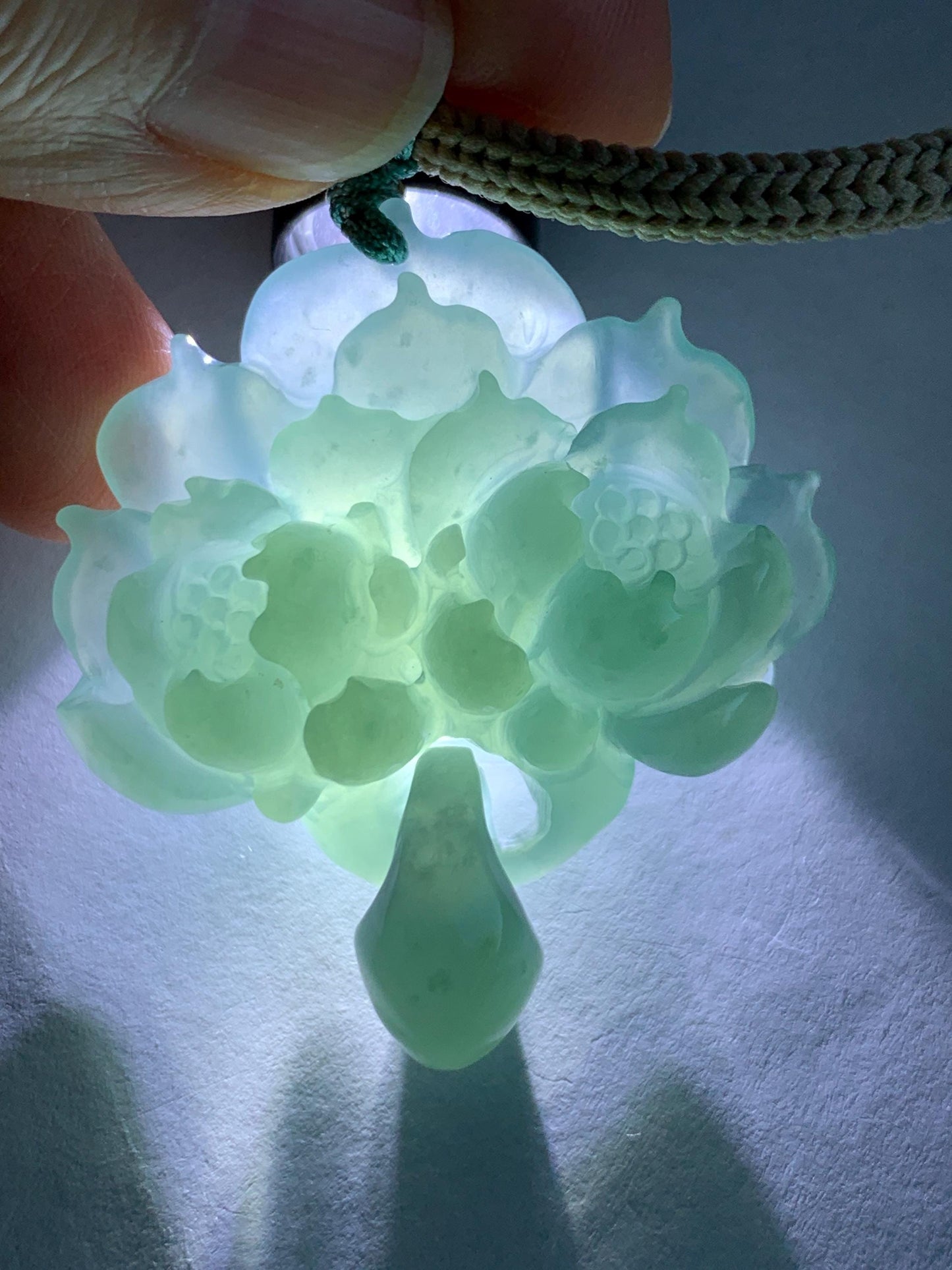 Natural Grade A Guatemalan Icy Translucent Teal Jade Jadeite Carved Double Lotus Flower Pendant Rope Necklace 25” 22g 天然冰危浅蓝翡翠双莲花吊坠 WSLH165