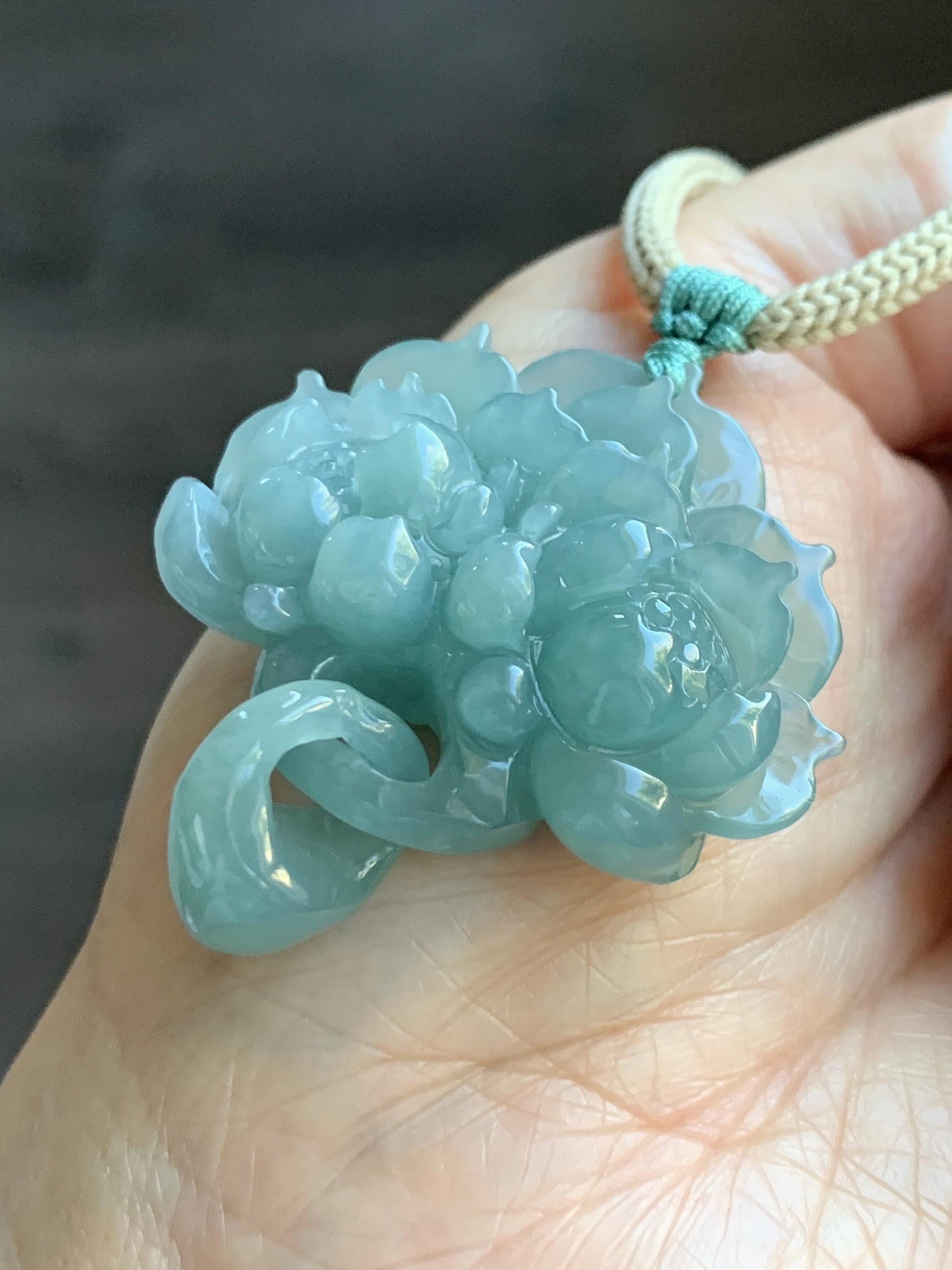 Natural Grade A Guatemalan Icy Translucent Teal Jade Jadeite Carved Double Lotus Flower Pendant Rope Necklace 25” 22g 天然冰危浅蓝翡翠双莲花吊坠 WSLH165
