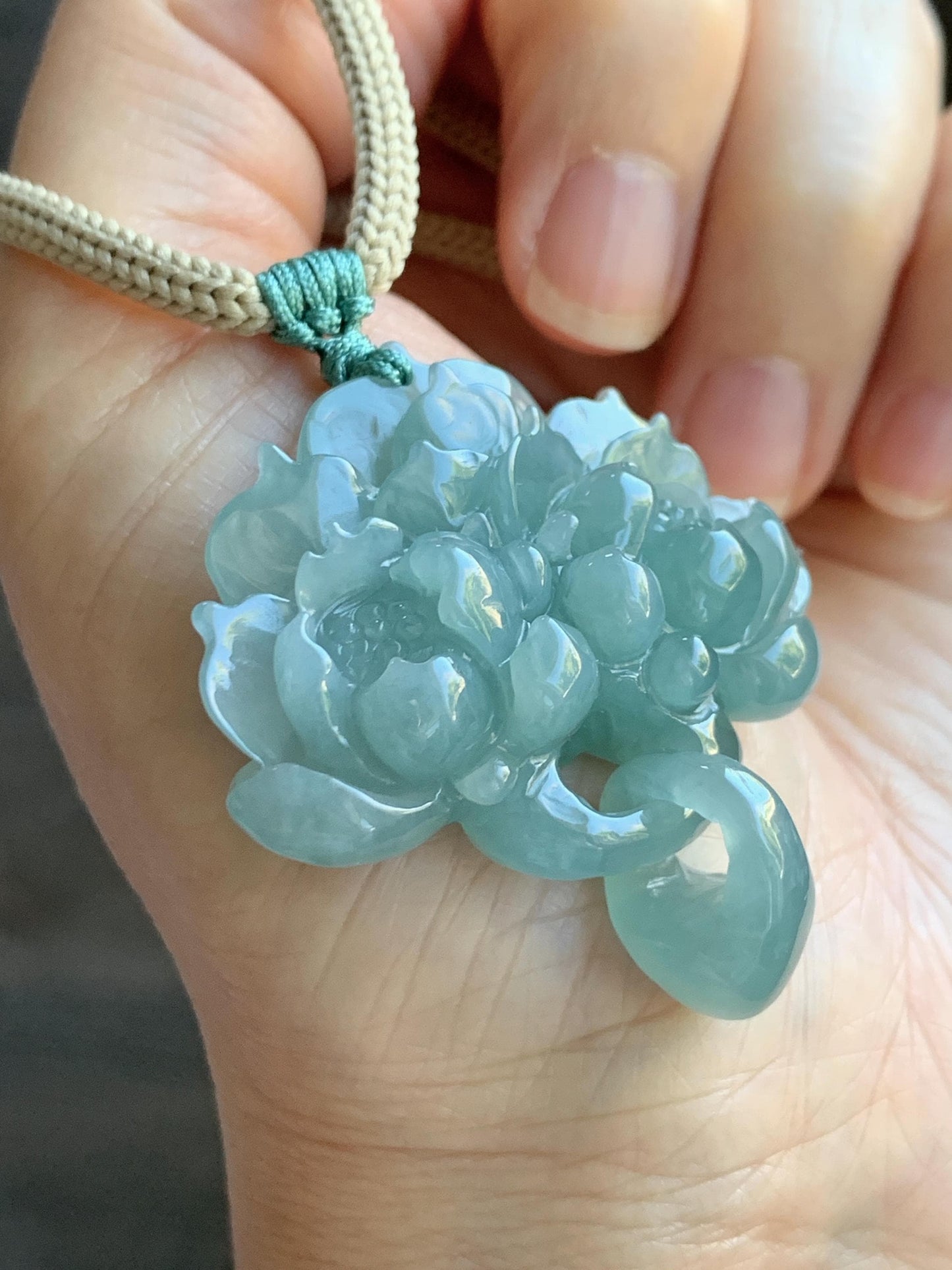 Natural Grade A Guatemalan Icy Translucent Teal Jade Jadeite Carved Double Lotus Flower Pendant Rope Necklace 25” 22g 天然冰危浅蓝翡翠双莲花吊坠 WSLH165