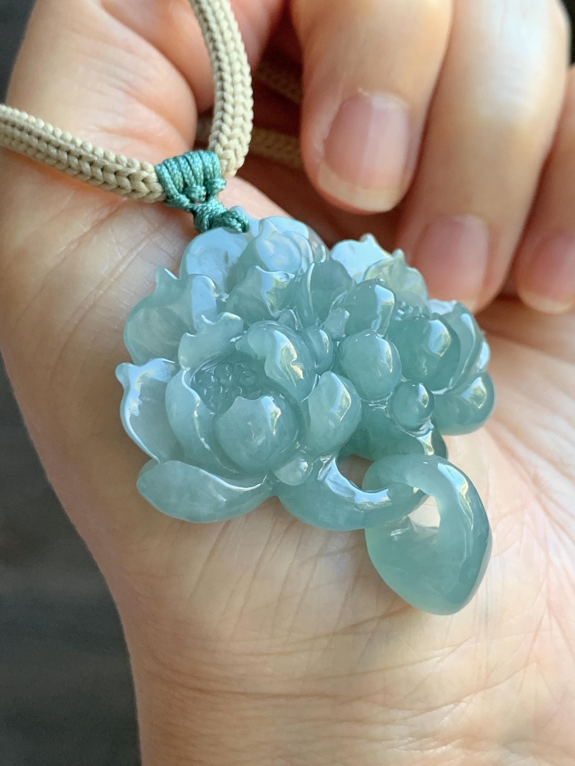Natural Grade A Guatemalan Icy Translucent Teal Jade Jadeite Carved Double Lotus Flower Pendant Rope Necklace 25” 22g 天然冰危浅蓝翡翠双莲花吊坠 WSLH165